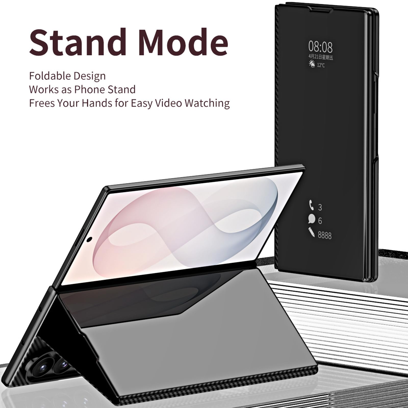 Ribaltabile Custodia per Samsung Galaxy Z Fold 8 Ultra, Chiaro Finestra | Fibra di Carbonio Modello Pelle Placcatura Specchio Cover con Funzione Supporto S-Pen Slot Caso,D'oro,Fold 8 Ultra