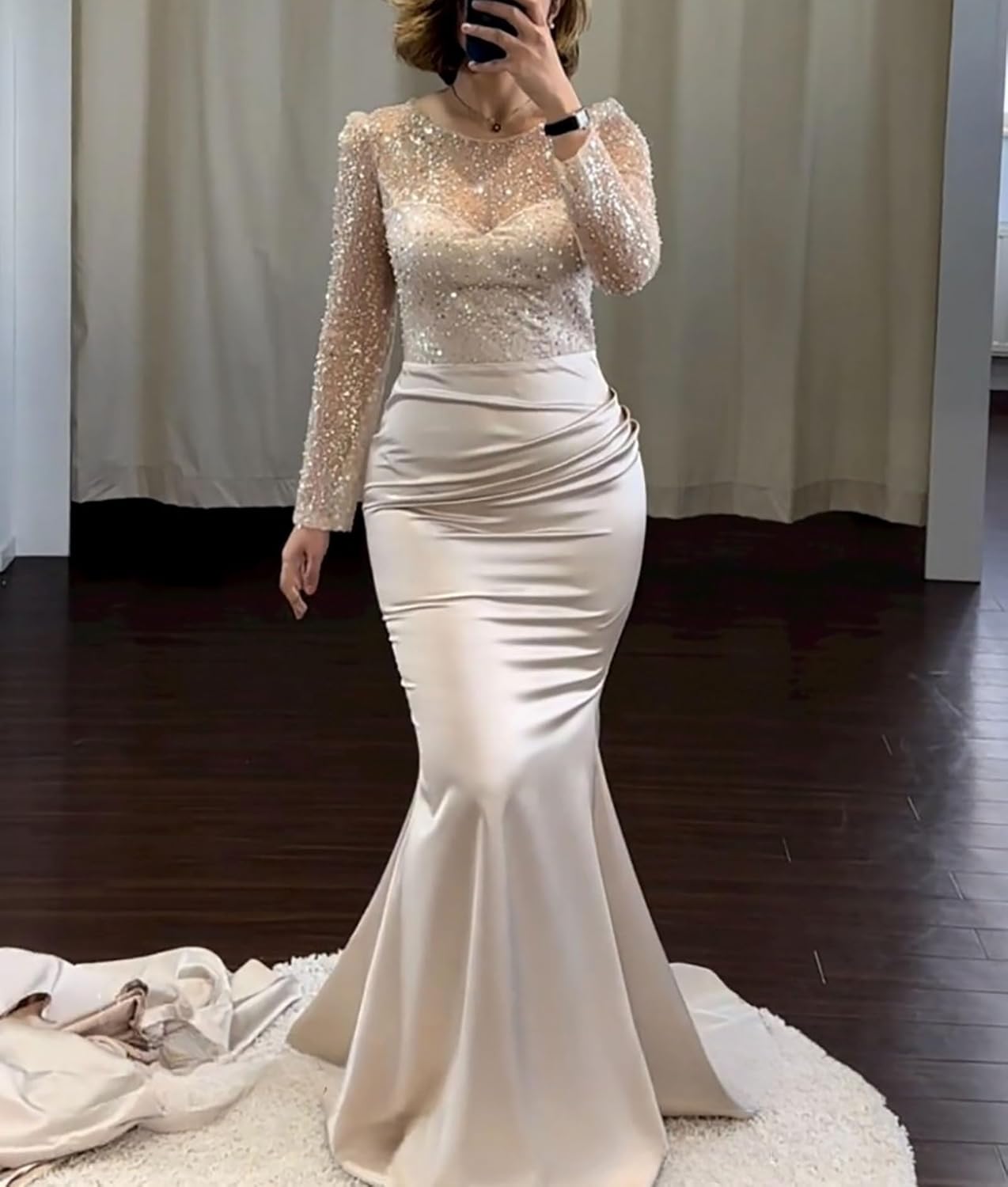 Elegant Satin Mermaid Party Prom Gown Illusion Neck Floor Length Long Sleeves Evening Dresses with Detachable Skirt