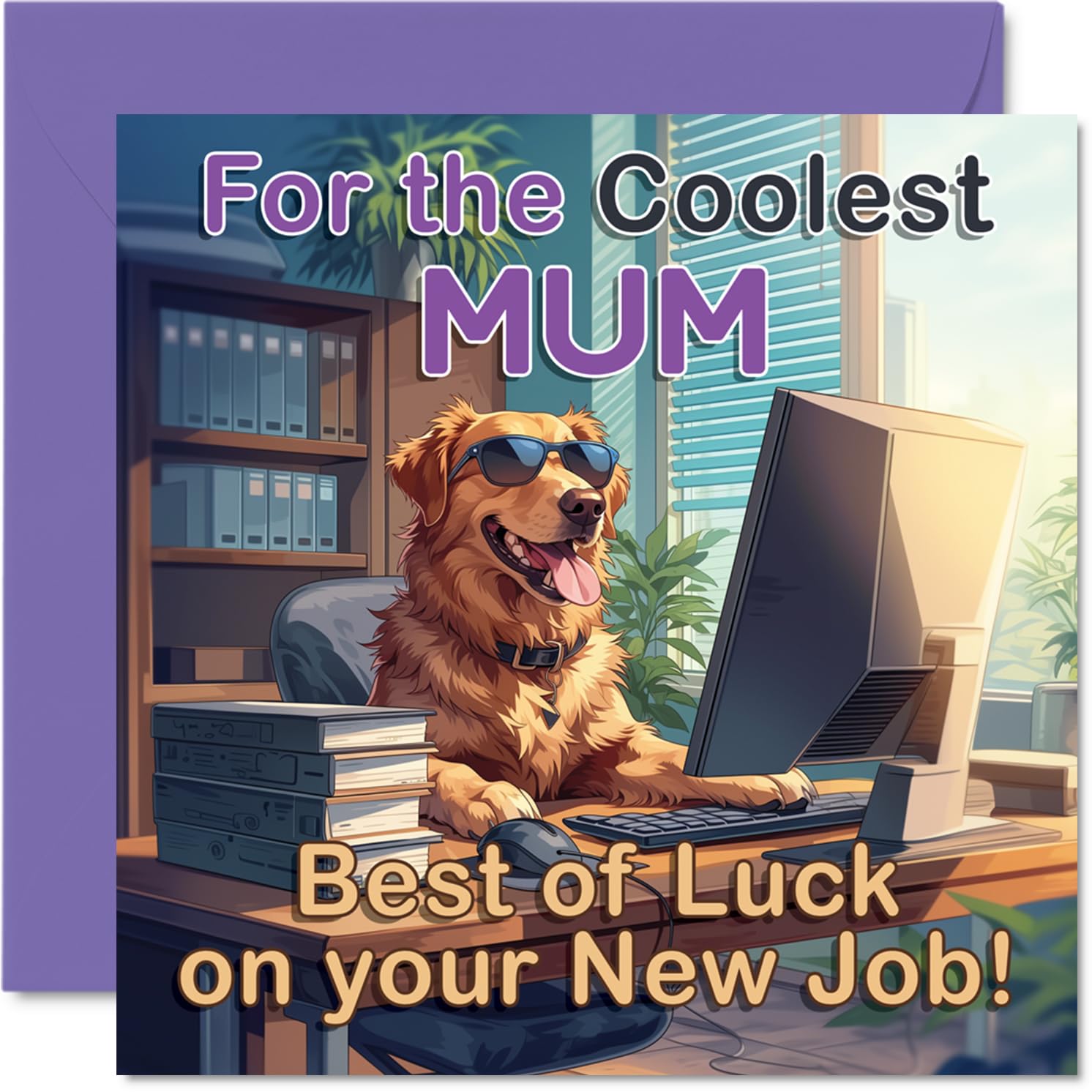 Supportive New Job Card for Mum - Cheerful Dog in Sunglasses Brings Office Vibes - Fun Purple and Yellow Desk Scene - 145mm Square, Envelope Included