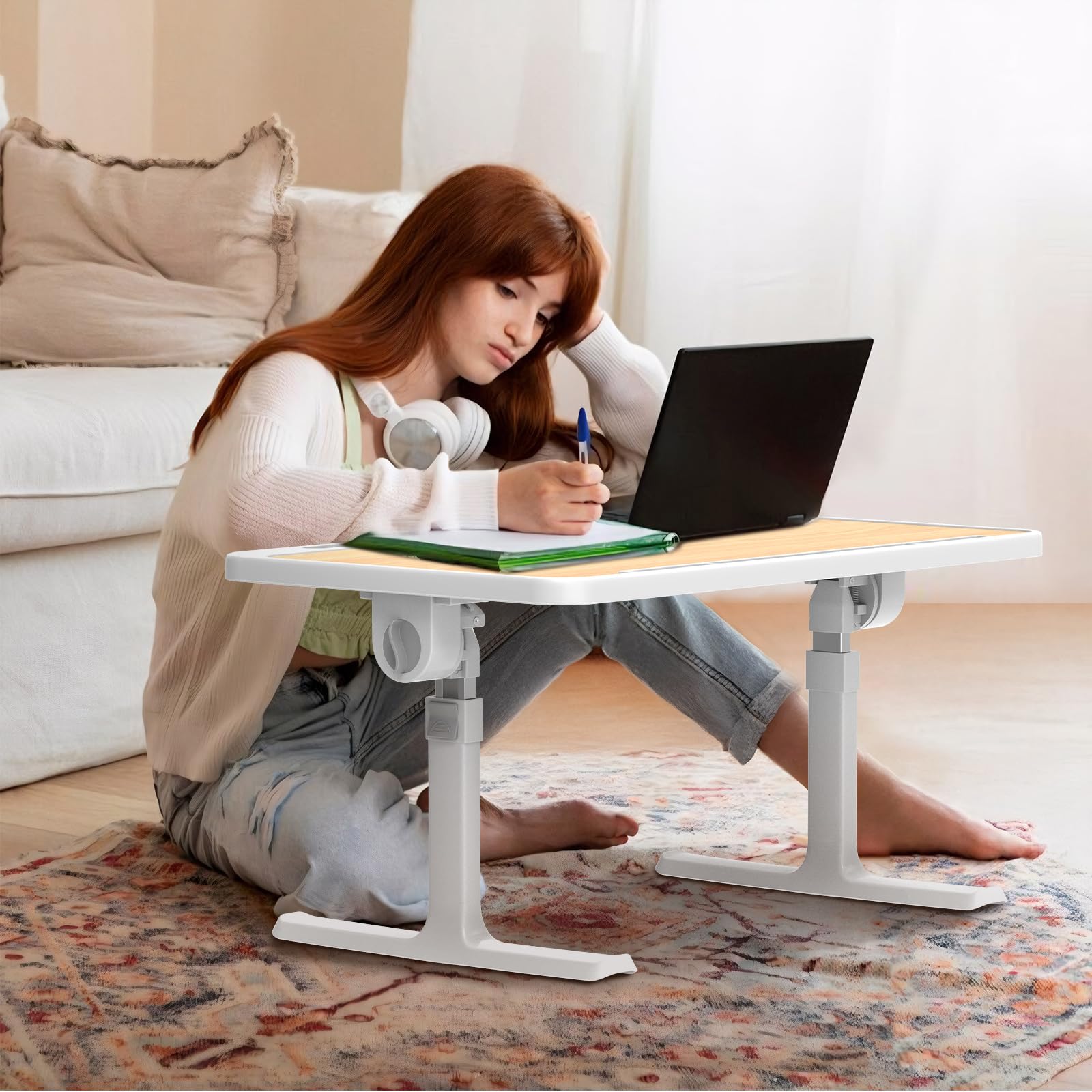 Huracan Plateau de Lits Pliable, Table Lit pour Ordinateur Portable, Réglable en Hauteur et Angle, Inclinable Support pc Portable Lit avec Tiroir/Lampe LED, Table pour Canapé/Sol (60x34cm, Noyer)