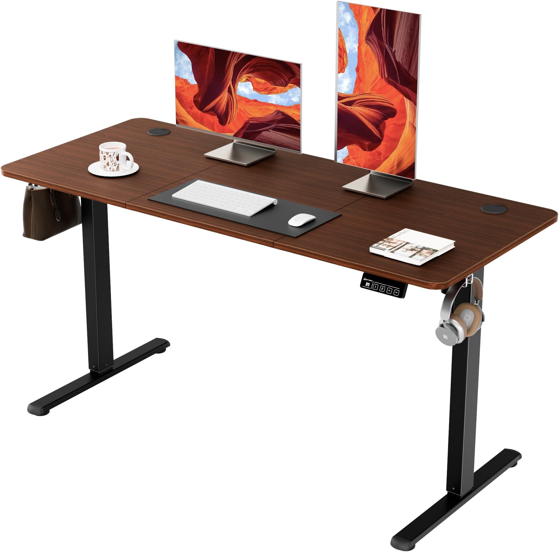 ERGOMAKER Electric Standing Desk 140x60cm (55.1"x23.6"), Height Adjustable Sit Stand Desk with Memory Handset & Hooks for Home Office (Black Frame + Black Walnut Desktop)
