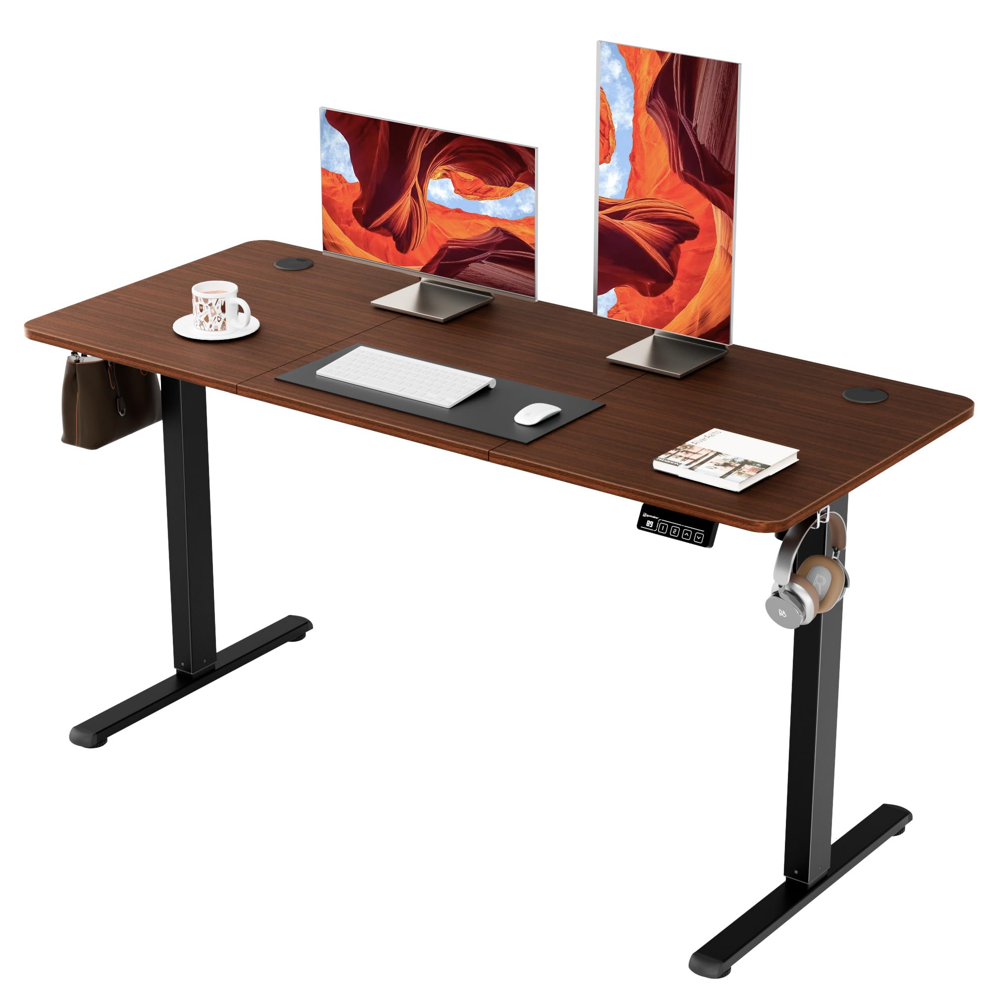 ERGOMAKER Electric Standing Desk 140x60cm (55.1"x23.6"), Height Adjustable Sit Stand Desk with Memory Handset & Hooks for Home Office (Black Frame + Black Walnut Desktop)