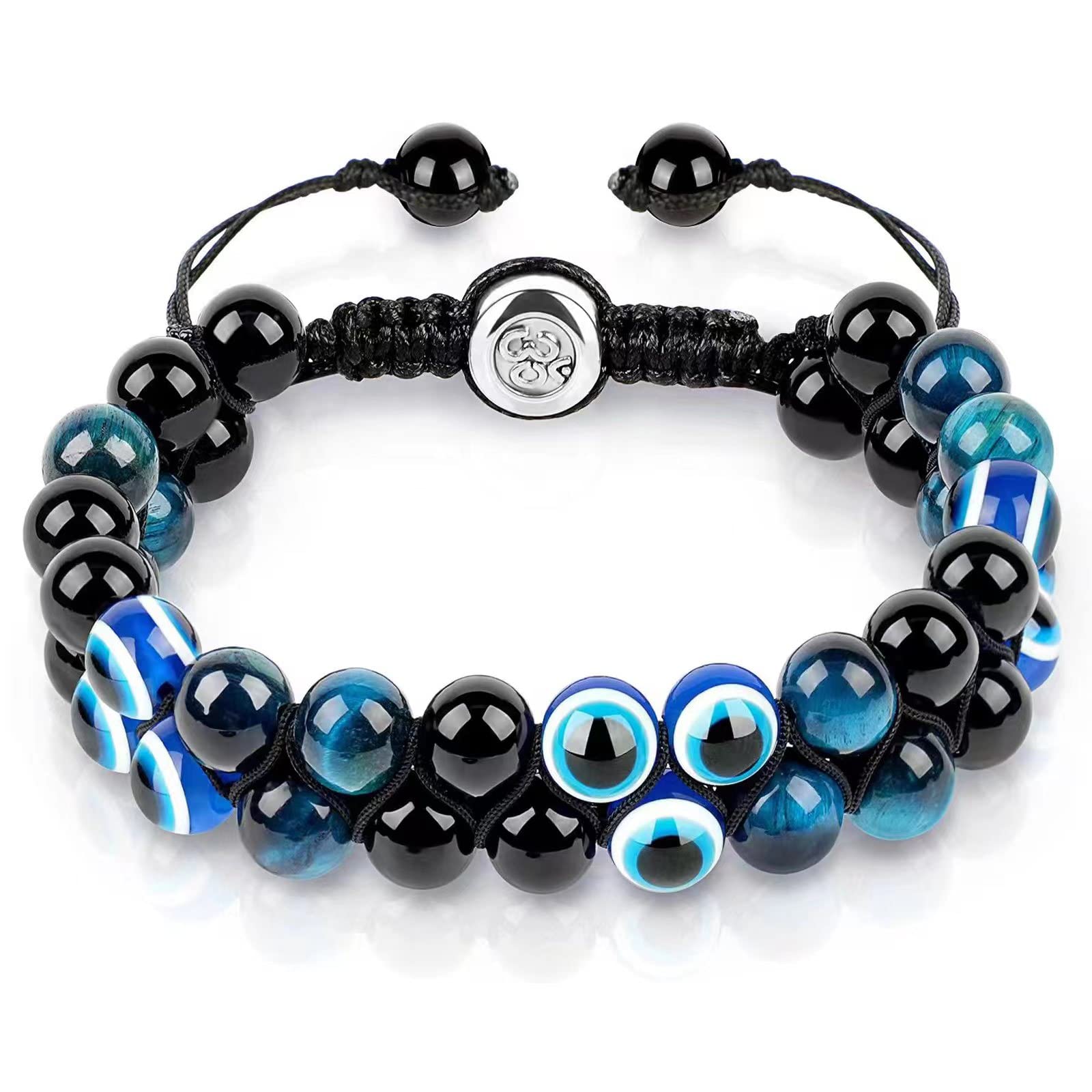 FmelutTriple Protection Bracelet, Evil Eye Tiger Eye and Black Obsidian 8mm Beads Bracelet for Men Women, Healing Bracelet Bring Luck and Prosperity, Happiness(Blue)