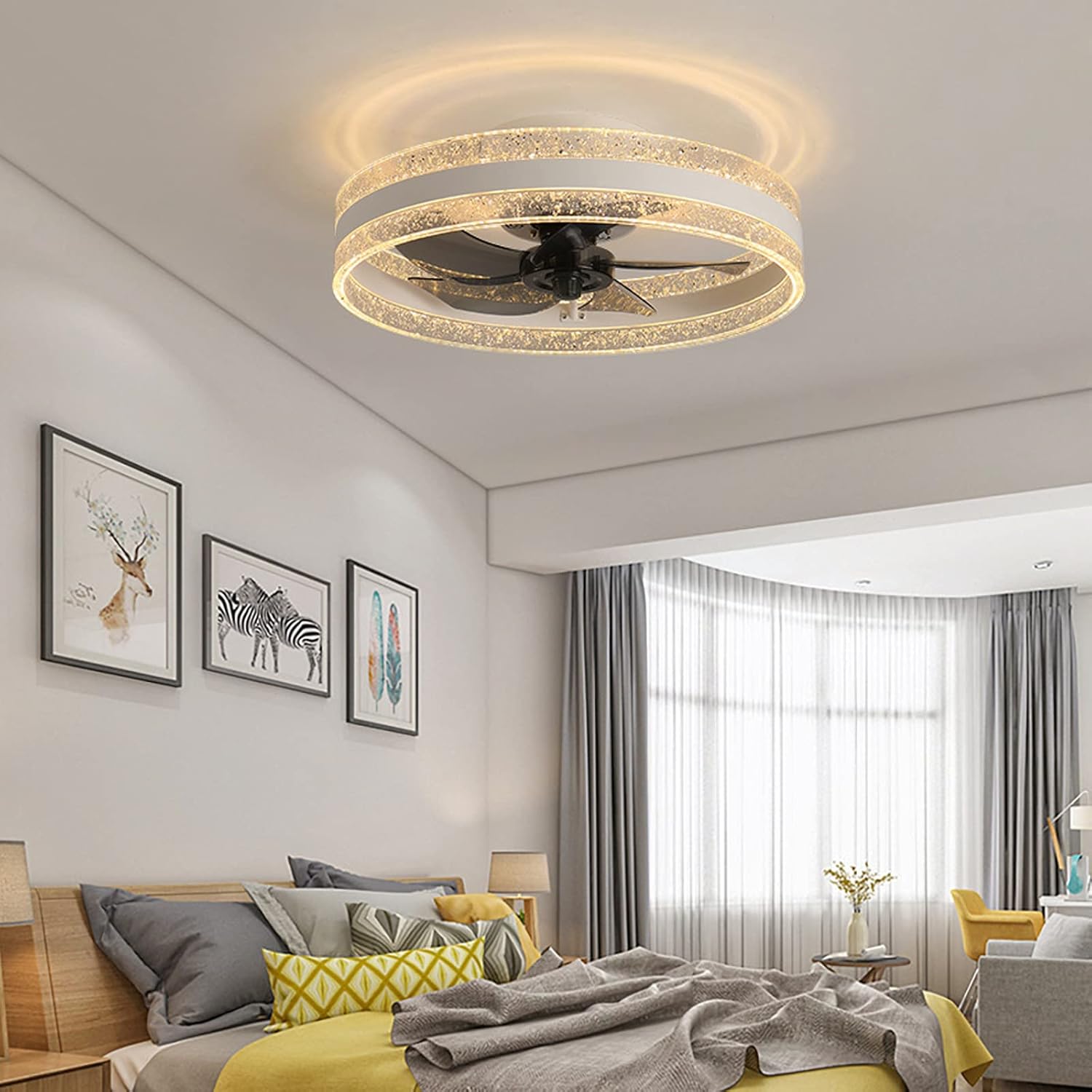 YUEGOO Ceiling Fans with Lamps,Ceiling Fan with Light and Remote Control Reversible Fan Light with Timer Dimmable Bedroom Living Room Round Fan Light/White