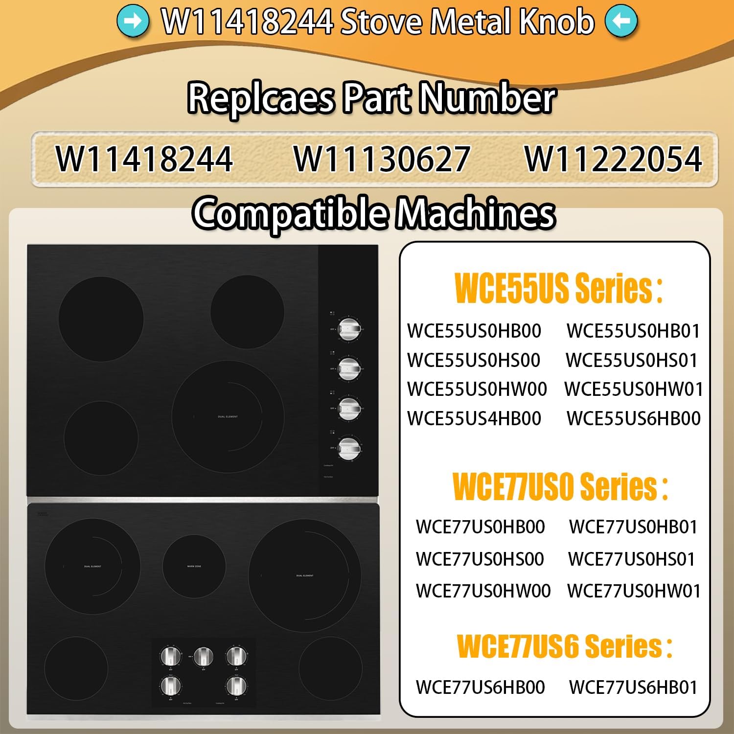 Upgraded Metal W11418244 for Whirlpool Stove Knobs Replacements,Stainless Steel Brushed,Compatible with Electric Cooktop Model:WCE55US0HB00,WCE77US0HB00,Direct fit Parts:W11130627,W11222054