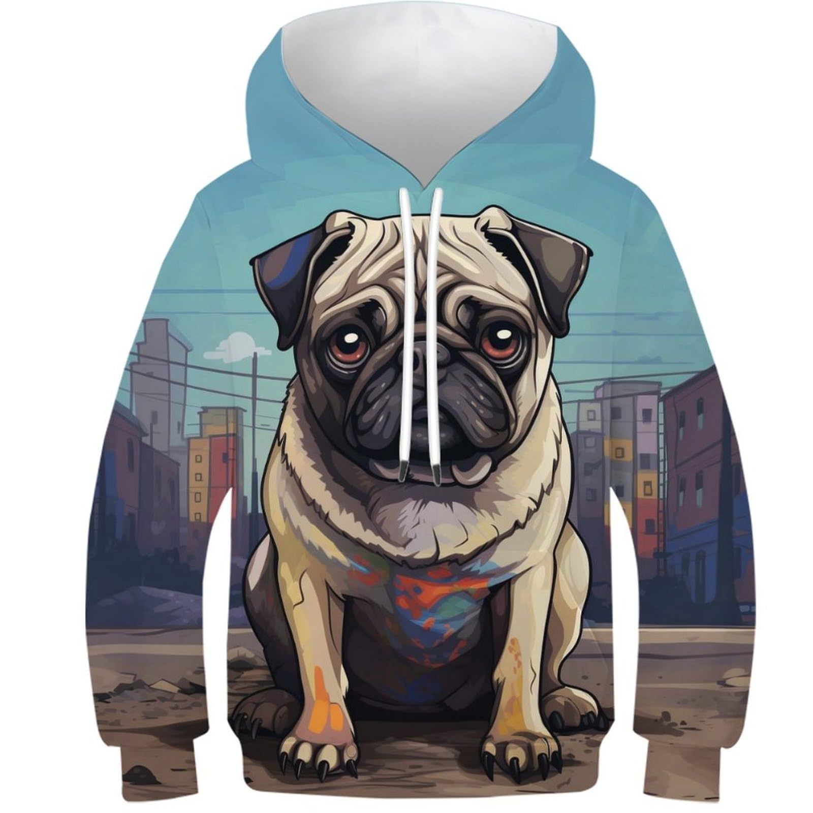 KKOLASXZE 3D Printed Pug Hoodies Sweatshirt Pullover Men/Women Ong Sleeve Tops for Teens 11-13Y