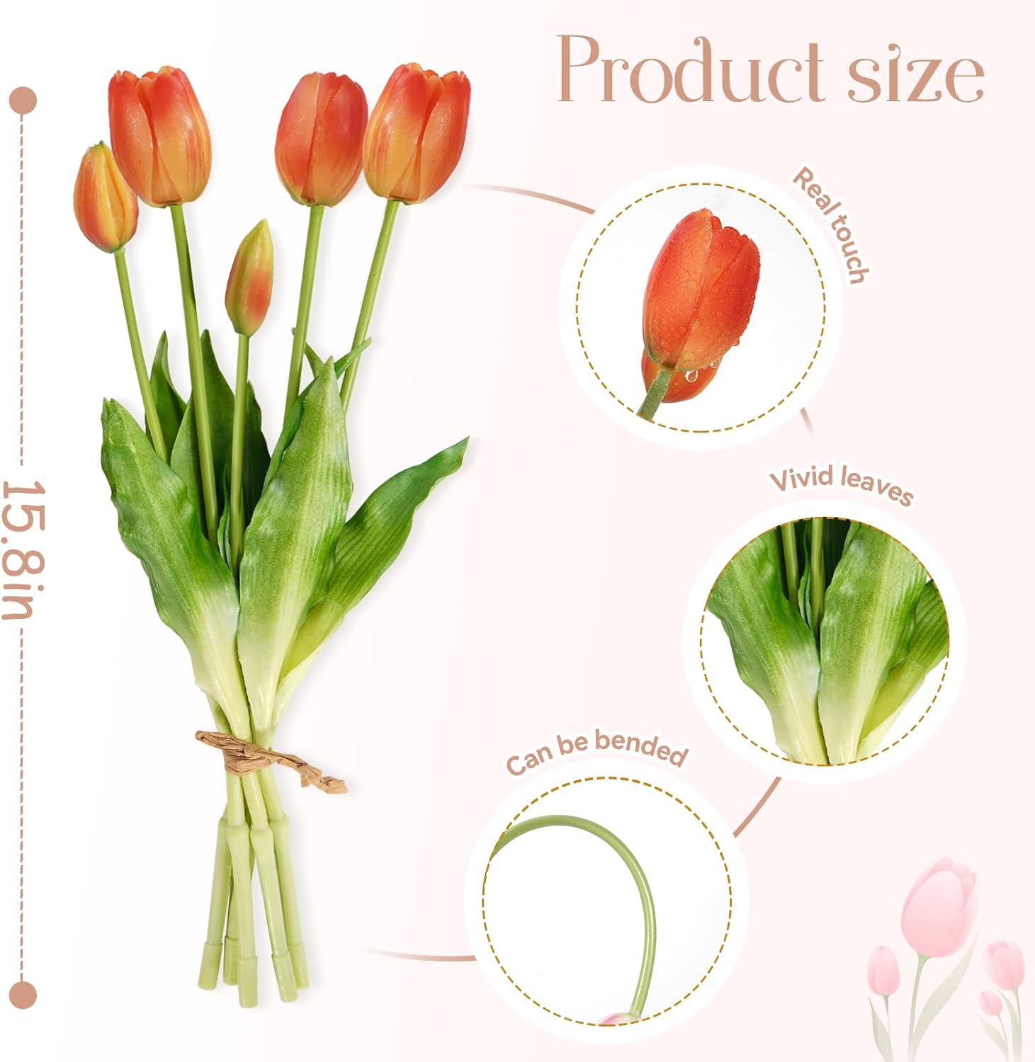 15Pcs Fake Tulips Artificial Flowers Real Touch Latex Bouquet Faux Tulips for Centerpiece Arrangements Wedding Party Home Décor (Orange) - Image 3