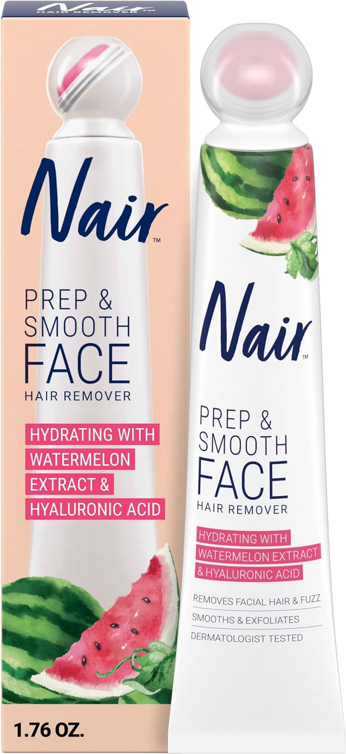 NAIR Prep & Smooth Face Exfoliating Depilatory Cream for Women - Effective Hair Removal for Smooth Skin with Hyaluronic Acid, 1.76 oz