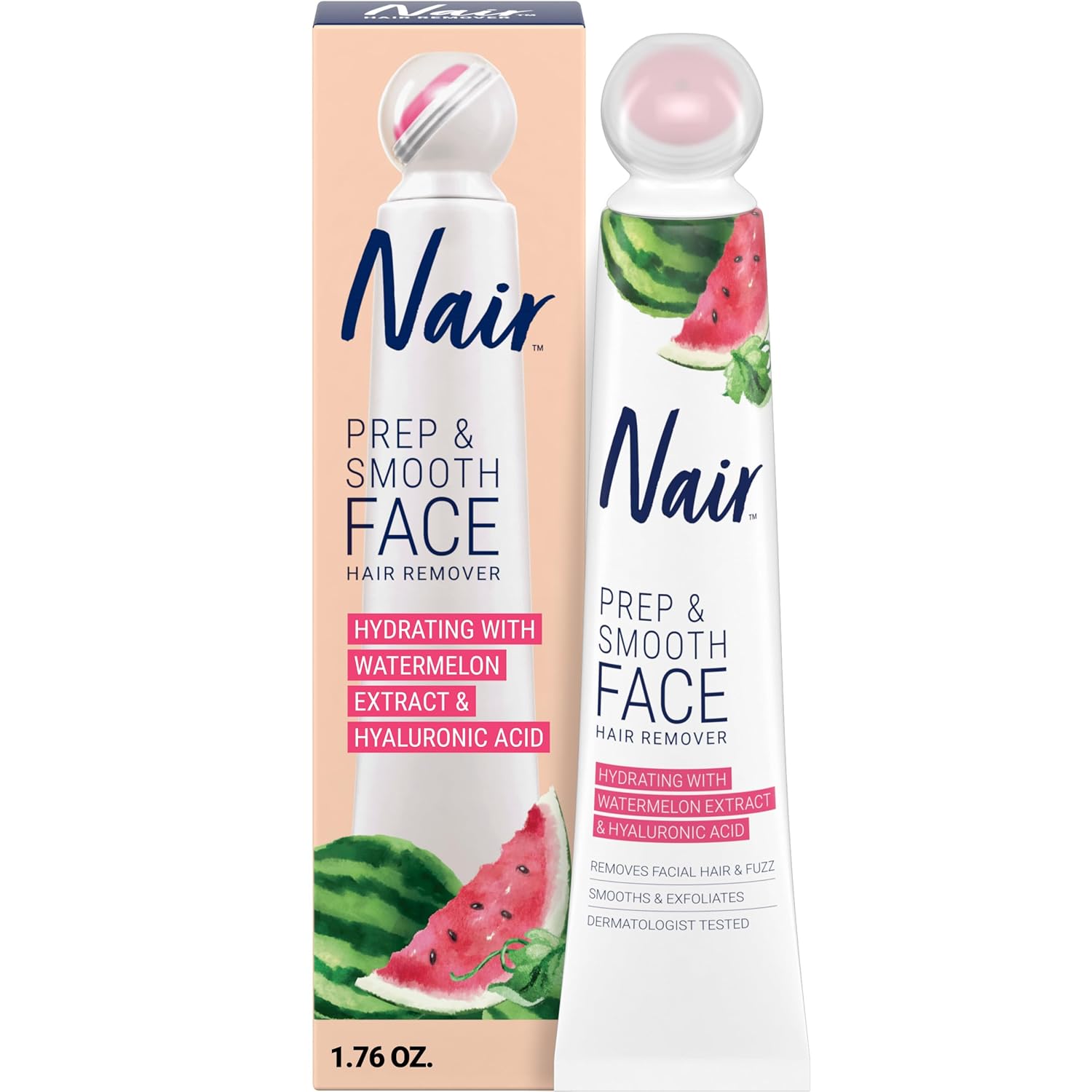NAIR Prep &amp; Smooth Face Exfoliating Depilatory Cream for Women - Effective Hair Removal for Smooth Skin with Hyaluronic Acid, 1.76 oz