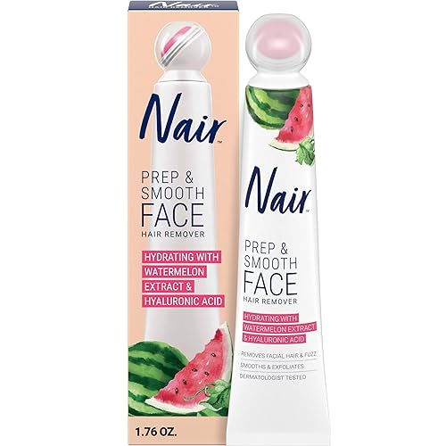 NAIR Prep & Smooth Crema depilatoria exfoliante facial para mujeres, eliminación eficaz del vello para piel suave con ácido hialurónico, 1.76 onzas