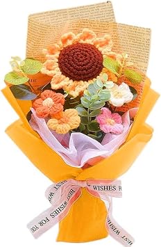 Crochet Flowers Bouquet,Handmade Knitted Bouquet, Crochet Flower Kit Knitted Fake Sunflower Daisy, Preserved Ramo De Flores Gift for Mothers Day Friends Daughter Wife on Birthday Anniversary