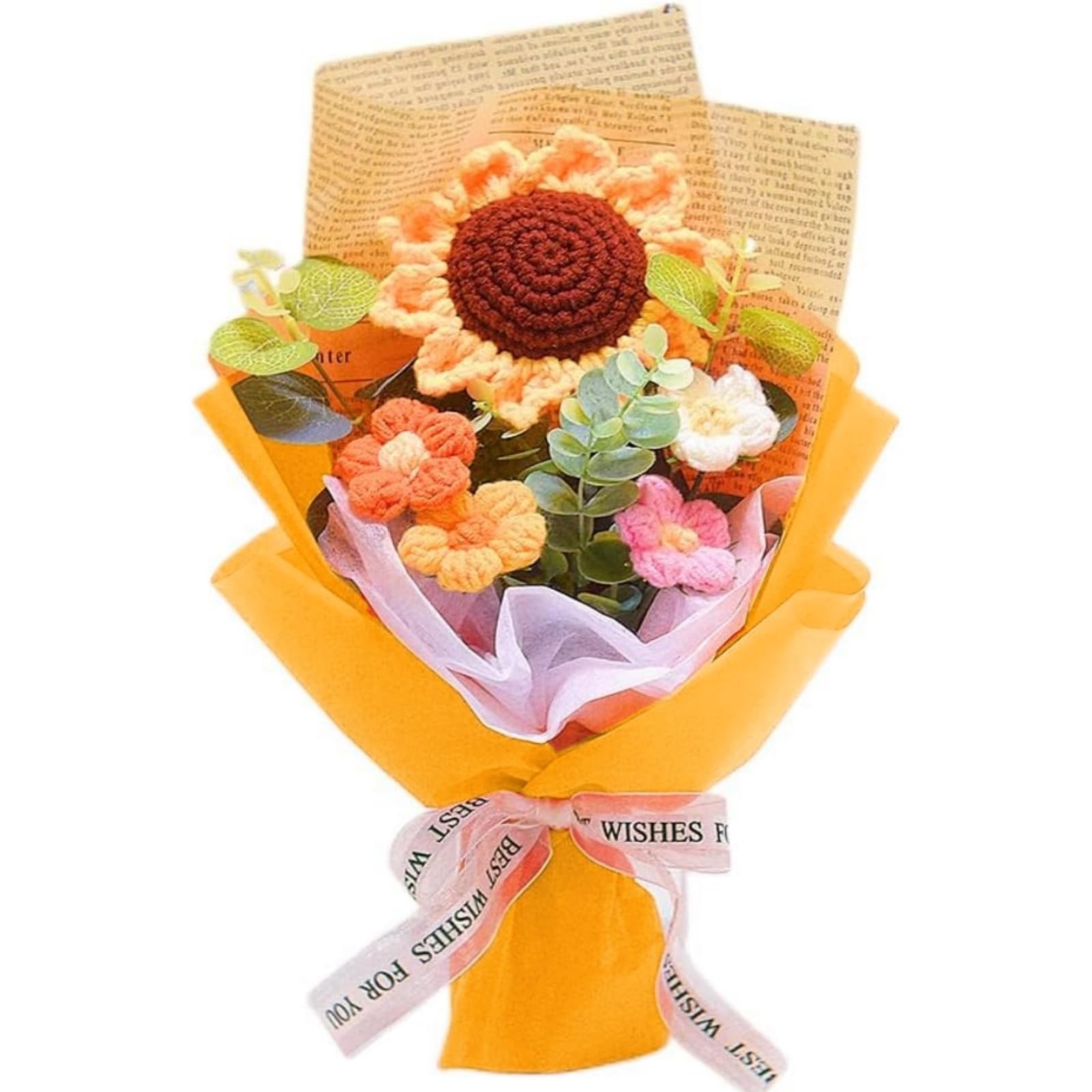 Crochet Flowers Bouquet,Crochet Sunflower Bouquet,Knitted Eternal Artificial Sunflowers, Handwoven Artificial Flowers Home Decor Gifts for Father Birthday Teacher’s Graduation Anniversary