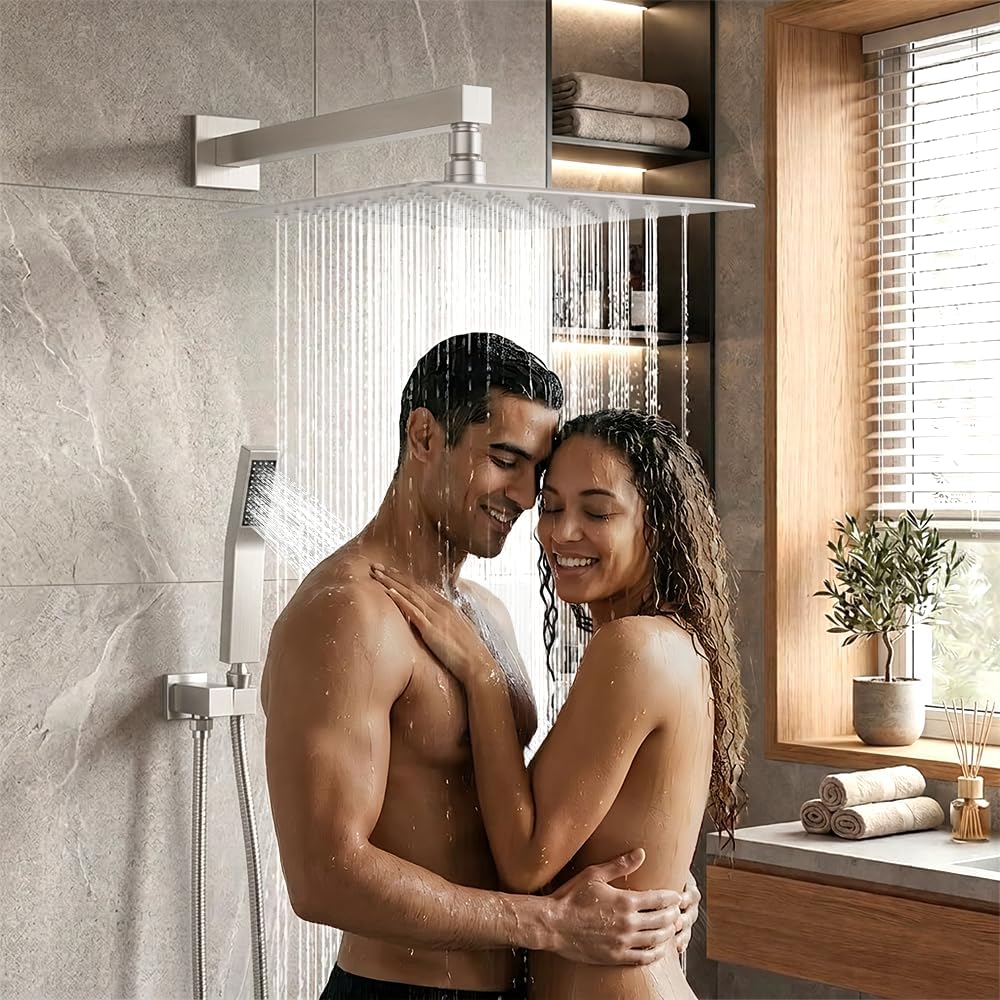 Brushed Nickel Shower System Shower Faucet Set, STARBATH 8" Wall Mount Rain Shower Head and Handheld Spray for Two Person, Shower Faucet Set with Diverter Valve and Trim Kit Complete