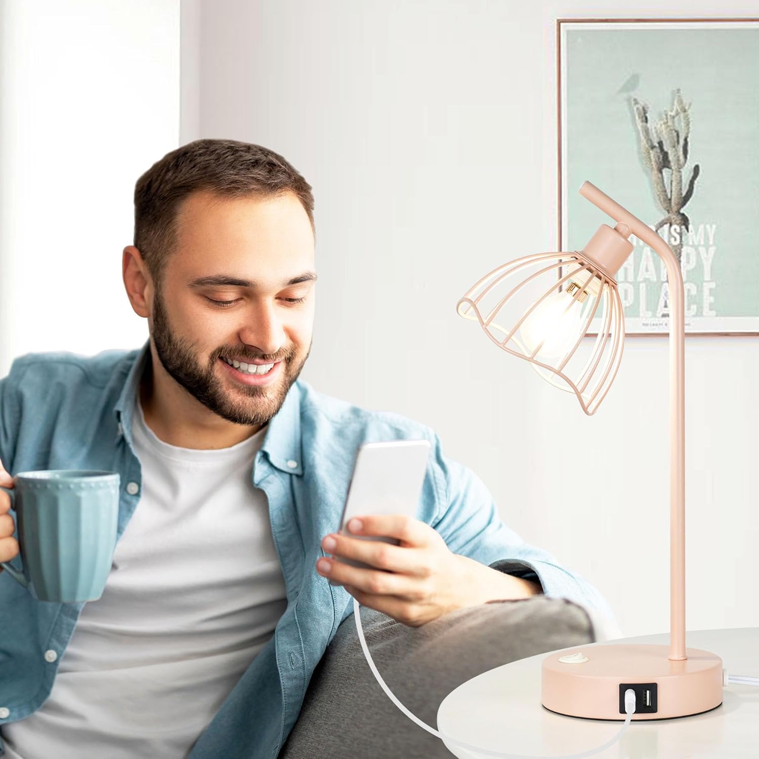 Lampwell Lucia Pink USB Table Lamp with USB Port Set of 2,Modern Bedside Night Table Lamp for Living Room Bedroom,8.27×5.51×H15.75IN,Bulb Include