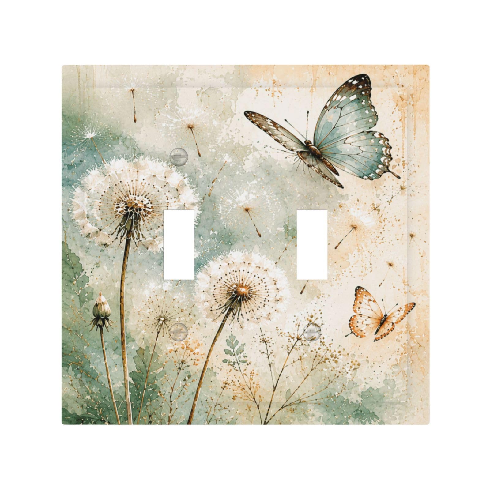 Xuejiaku Decorative Light Switch Cover Plate Watercolor Dandelion & Butterflies Double Toggle Wall Plate Dual Device Outlet Covers Rustic Green Floral Switchplate Dimmer Faceplate for Farm Home Decor