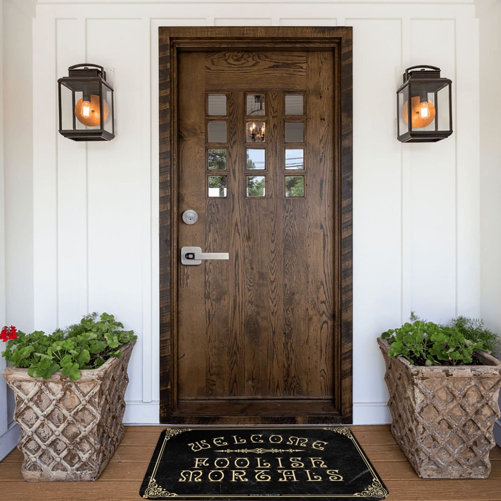 Divertente zerbino decorativo per patio con scritta "Welcome Foolish Mortals", 1 piccolo zerbino per esterni a strati per porta d'ingresso (65 x 90 cm)