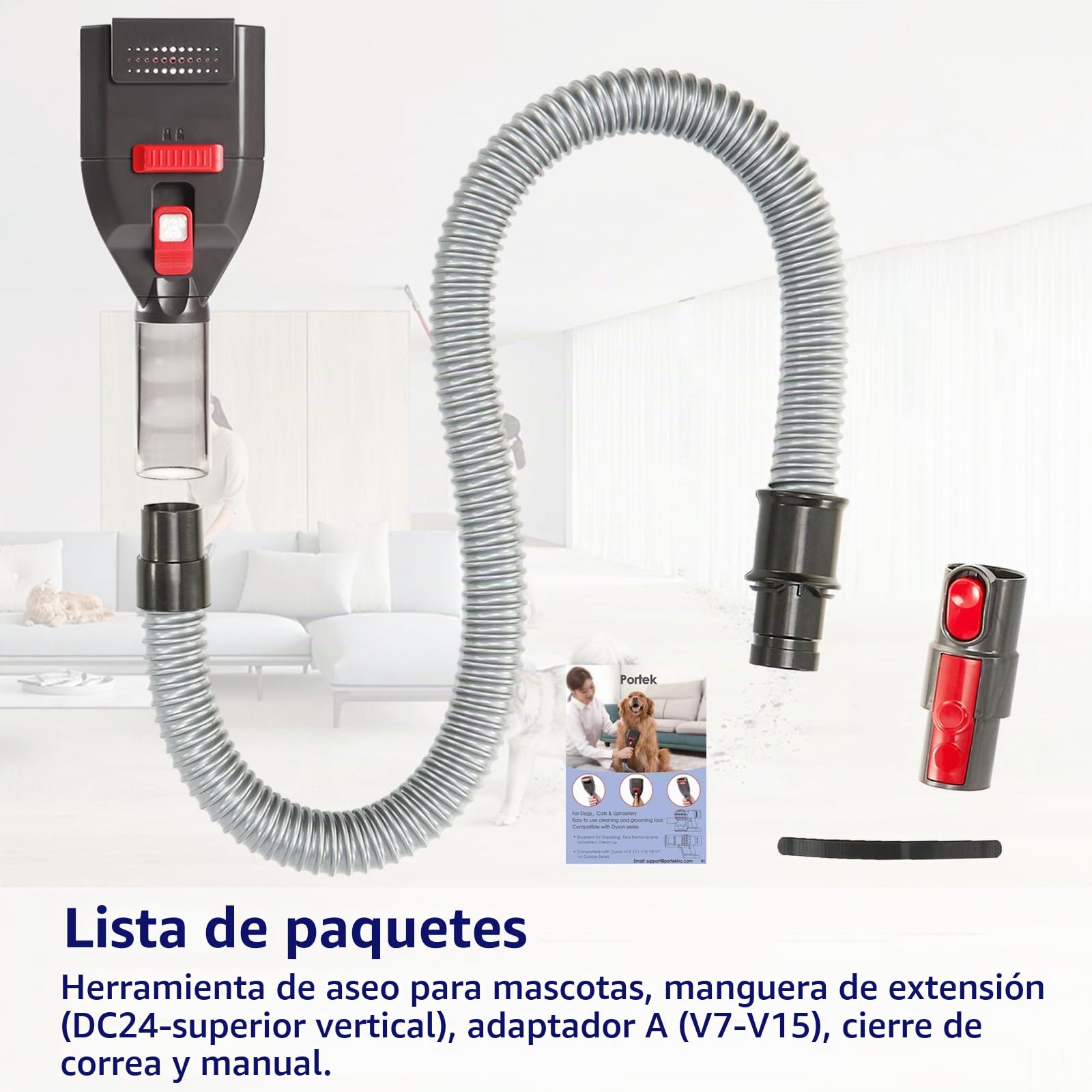 Portek Accesorio de aspiradora de pelo de perro para Dyson V15 V12 V11 V10 V8 V7 V6 G5 GEN5 Outsize V6, kit de herramientas de cepillo de aseo para mascotas con adaptador de manguera de extensión