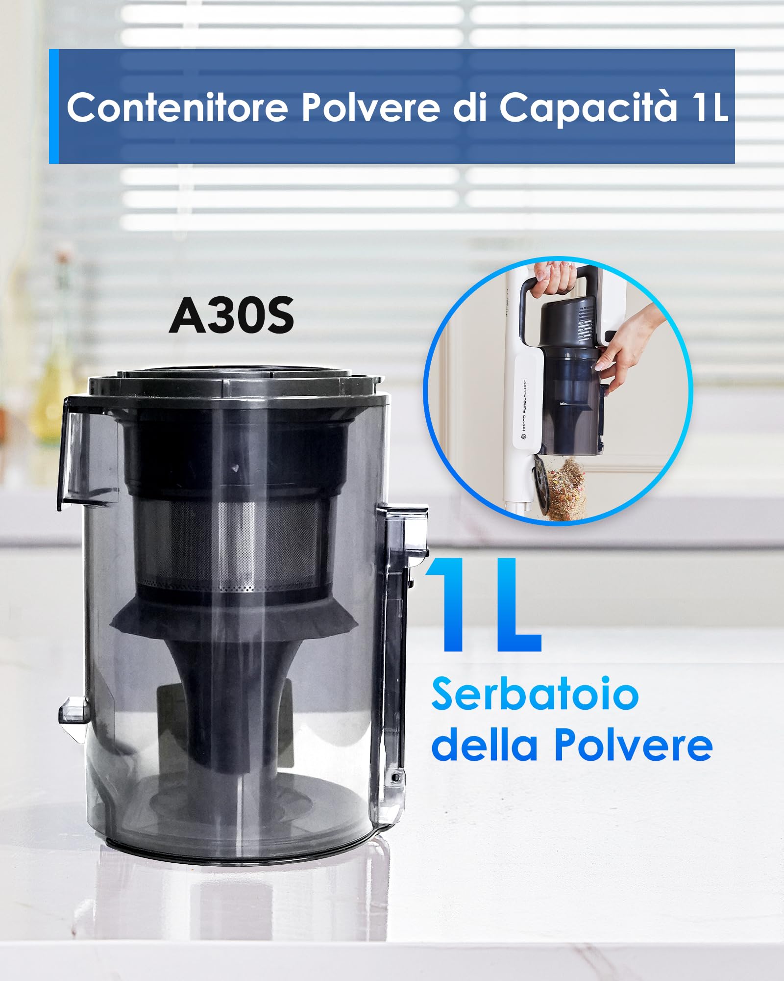 Tineco A30S, Aspirapolvere senza fili, Aspirazione da 160W, Autonomia di 60 minuti, Serbatoio Polvere da 1L, Spazzola ZeroTangle, Tecnologia PureCyclone, Luce LED