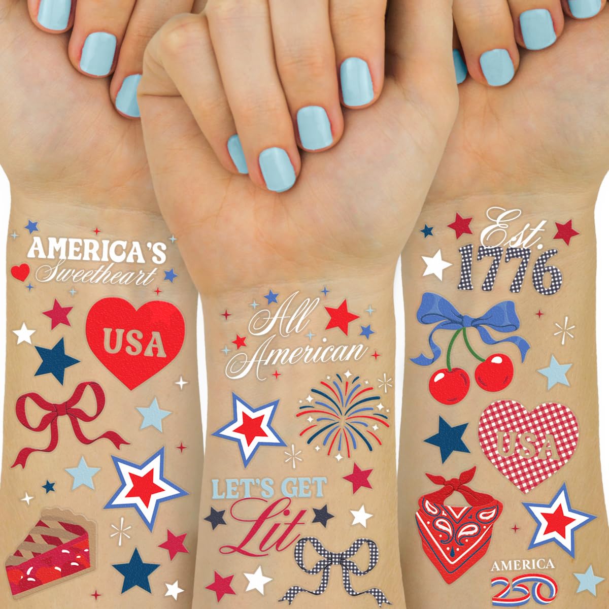xo, Fetti America 250 Tattoos, 4th of July -60 Temporary Tattoos | USA, Red White Blue, Stars, Fireworks, Patriotic Party Decor, Kids Party, All American