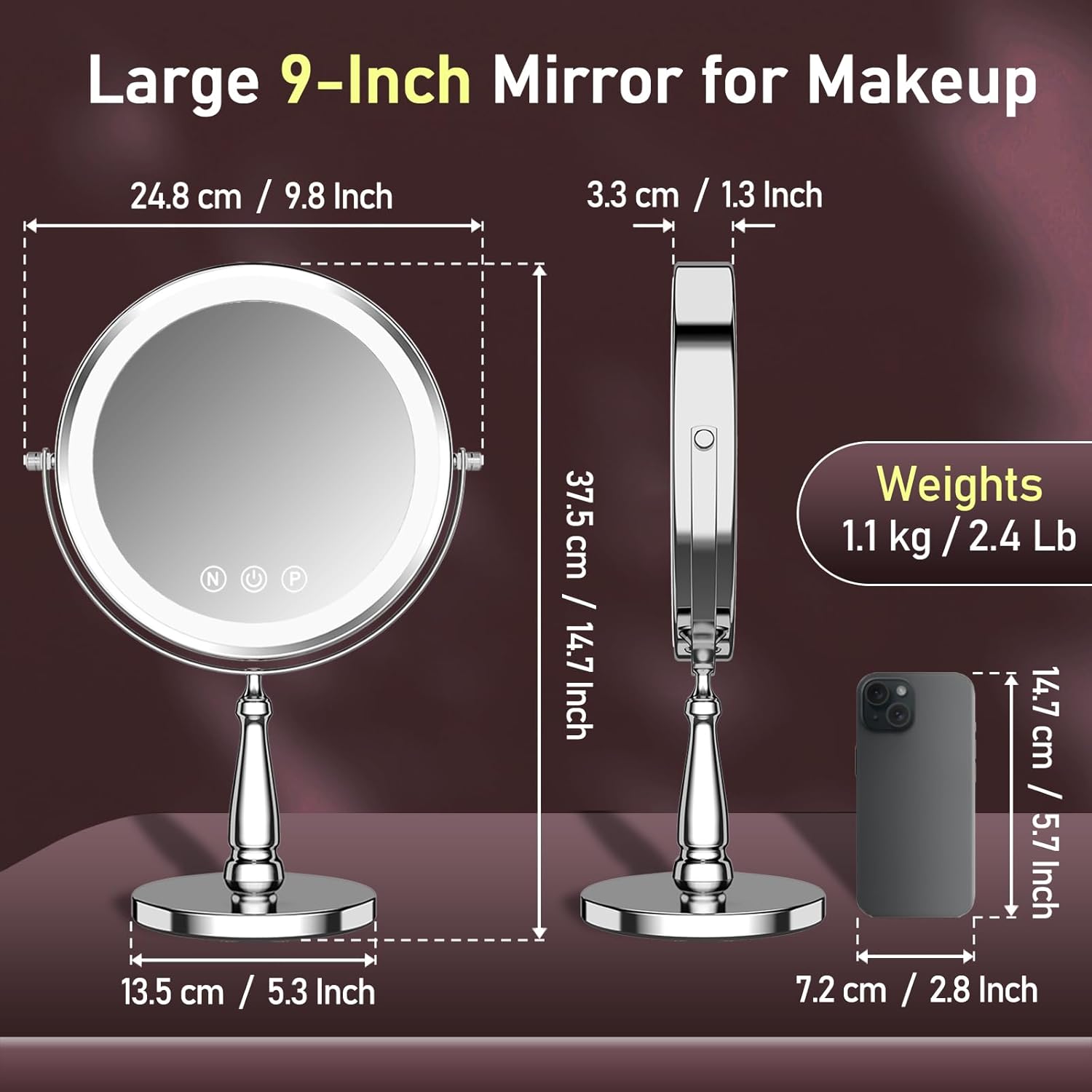 Vanity Mirror with Lights, 9'' Lighted Makeup Mirror, 1X/20X Double Sided Magnifying Mirror, 5000mAh Rechargeable, 3 Color Dimmable LED, 360° Rotation Desk Mirror for Makeup & Skincare