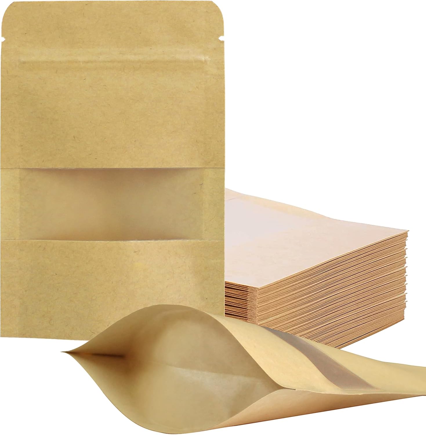 100 Pcs Resealable bags,3.5" x 5.5" Stand Up Kraft Paper Bags with