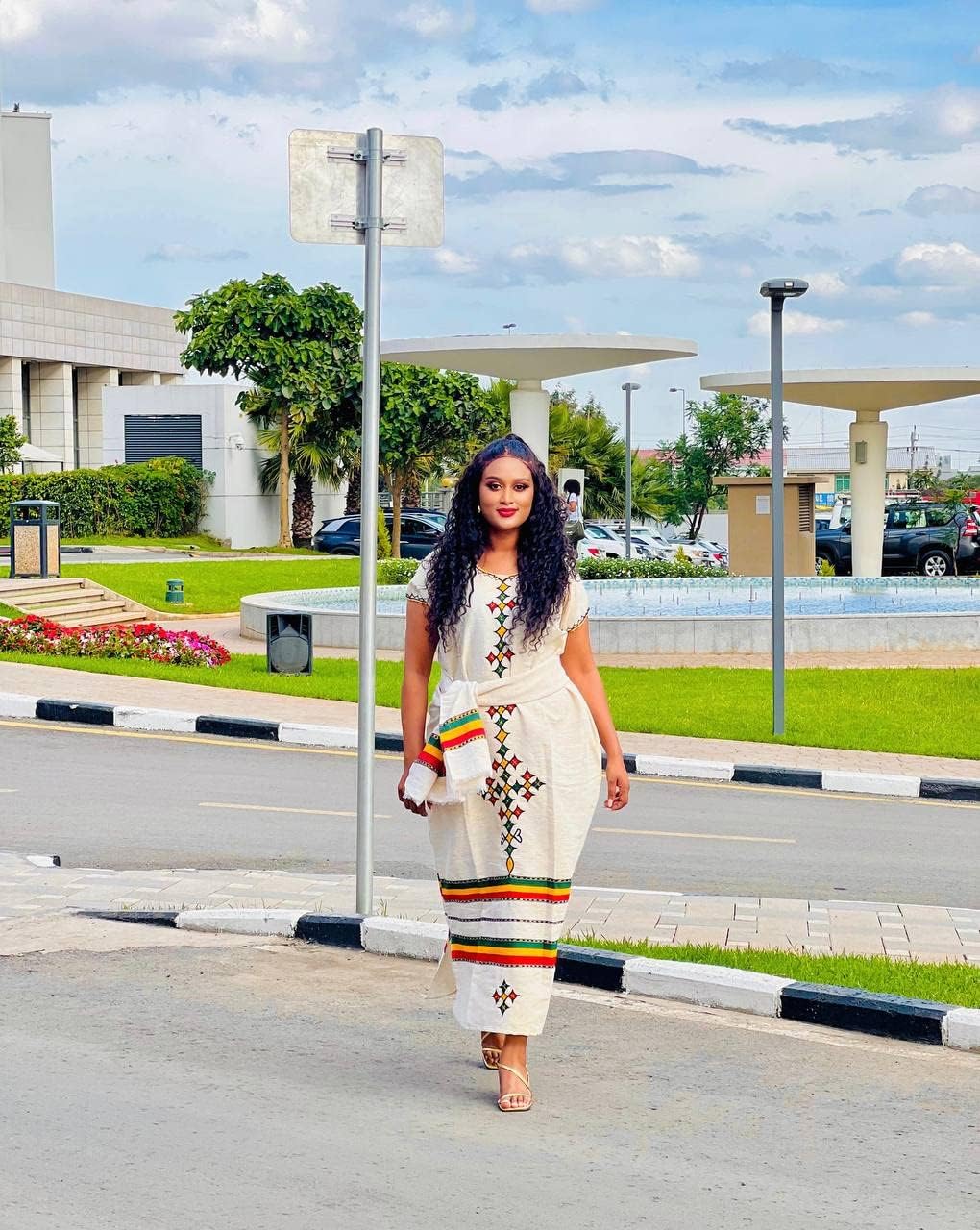 Authentic Ethiopian Hand-Embroidered Coffee Dress with Scarf and Belt: A Traditional and Timeless Work of Art