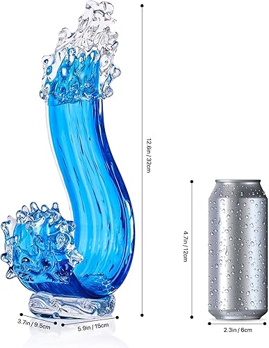 Miniatura 2 de Escultura de vidrio azul para decoración del hogar, estatua de arte de vidrio soplado a mano, olas de océano, decoración de sala de estar para