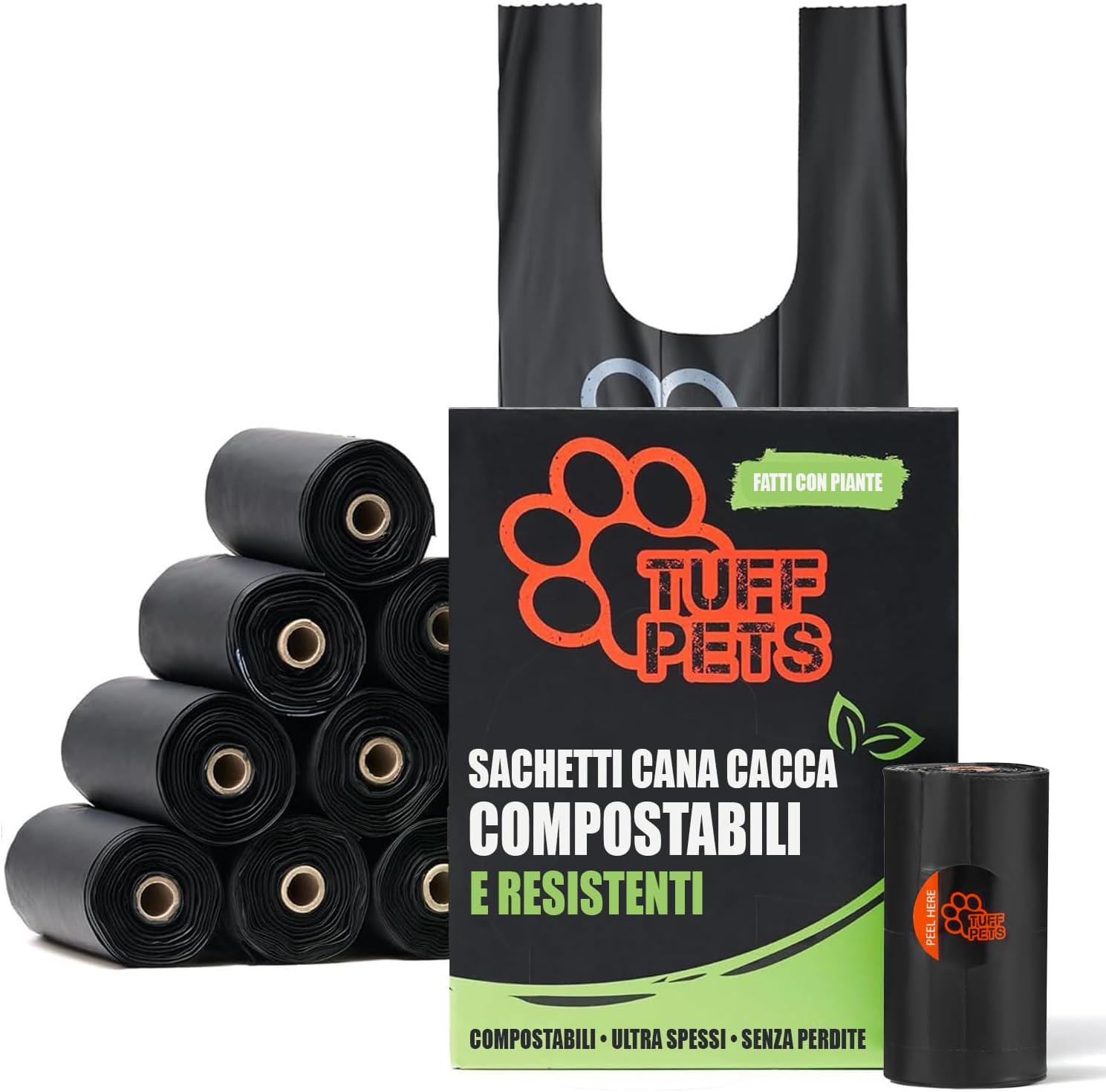 Tuff Pets Compostable Dog Poop Bags in Rolls | 50% Thicker Biodegradable Plant Based Bags with Long Handles | Home Compostable Certificates | 12 Rolls | 120 Bags