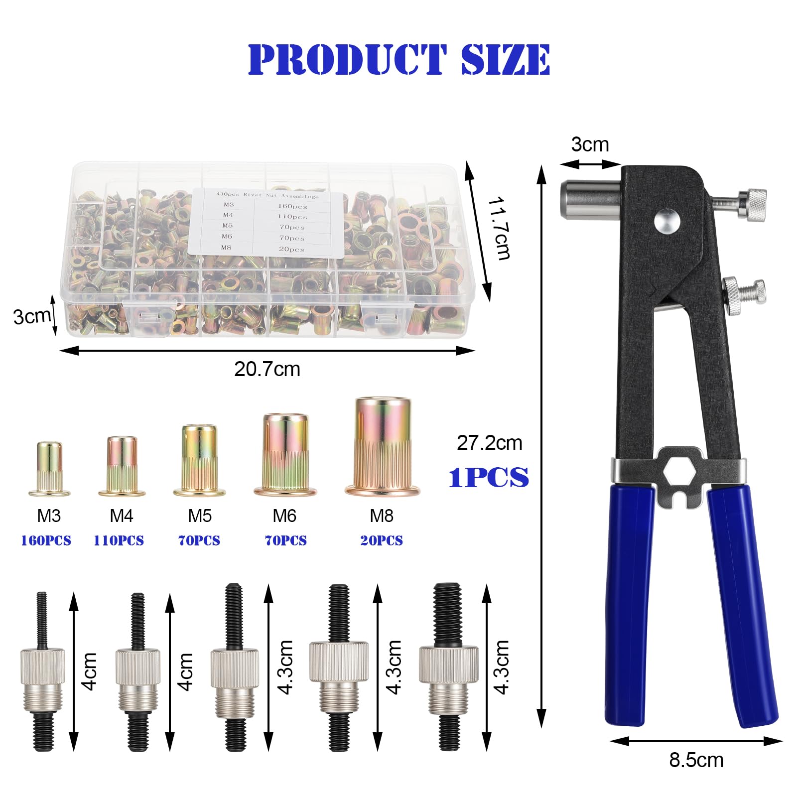 Gueenky Pince à Insert Fileté, Pince à Rivet Insert avec 430 M3 M4 M5 M6 M8 Écrous à Sertir et 5 Mandrins, Kit de Pistolet à Écrou Riveteuse pour Réparation Auto & Métal