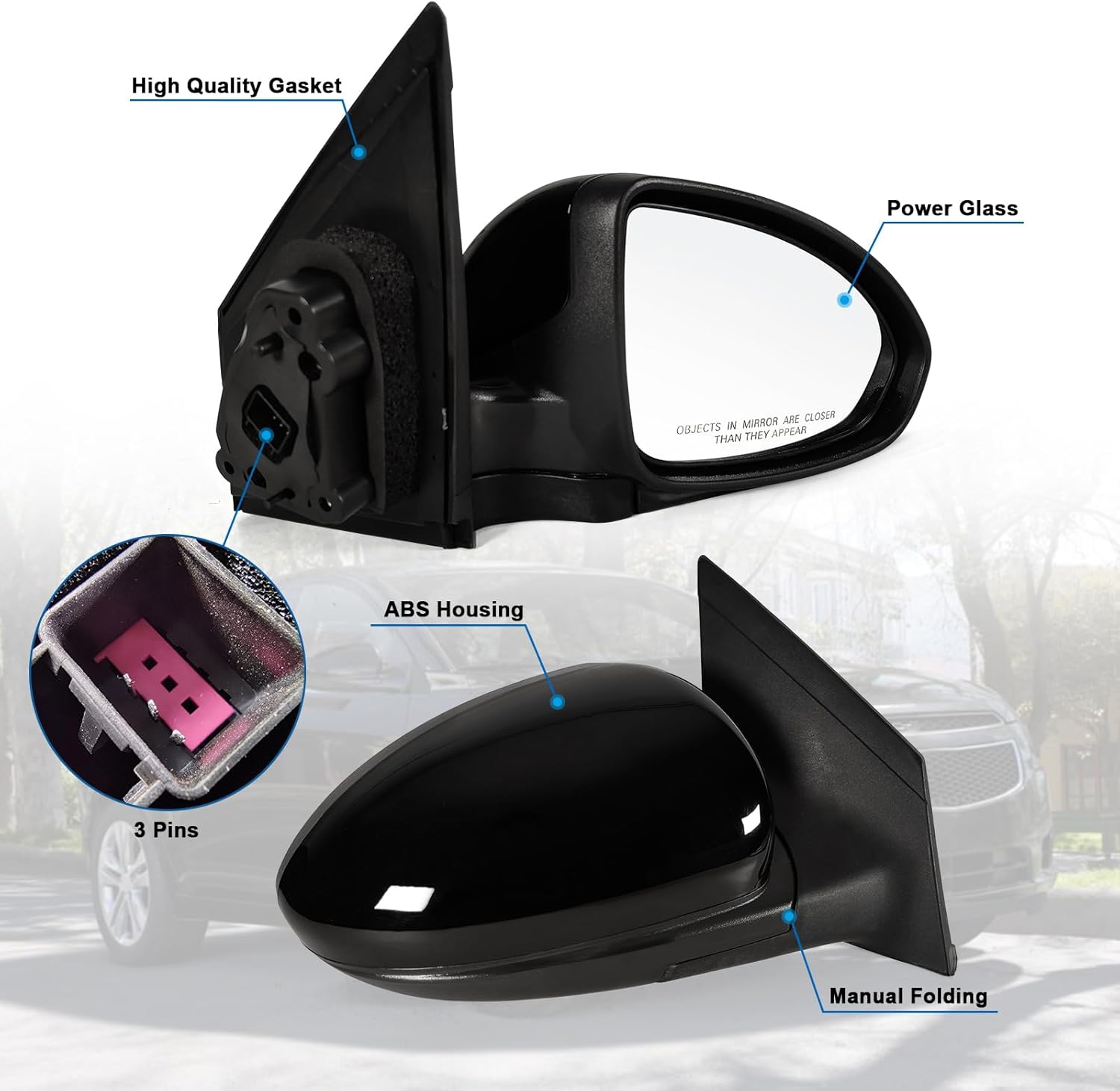 Right Passenger Side Mirror Fits 2011-2015 Chevy Cruze Sedan/Hatchback with Power Glass without Heated without Turn signal Match Black Replace GM1321420 (3 Pins)