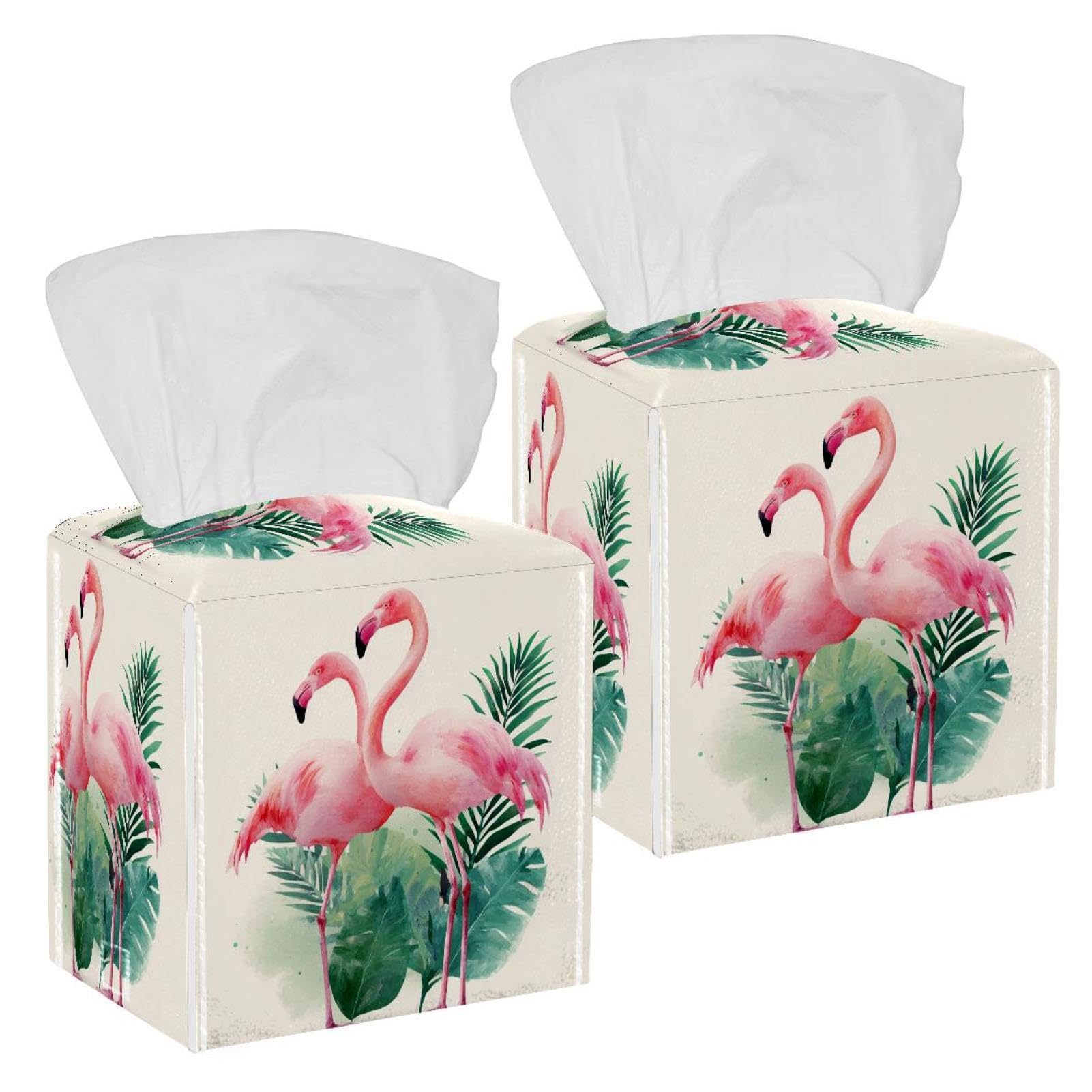 Flamingo Tissue Box Cover, 2 Pack PU Leather Square Facial Tissue Dispenser Box holder for Home Office Car