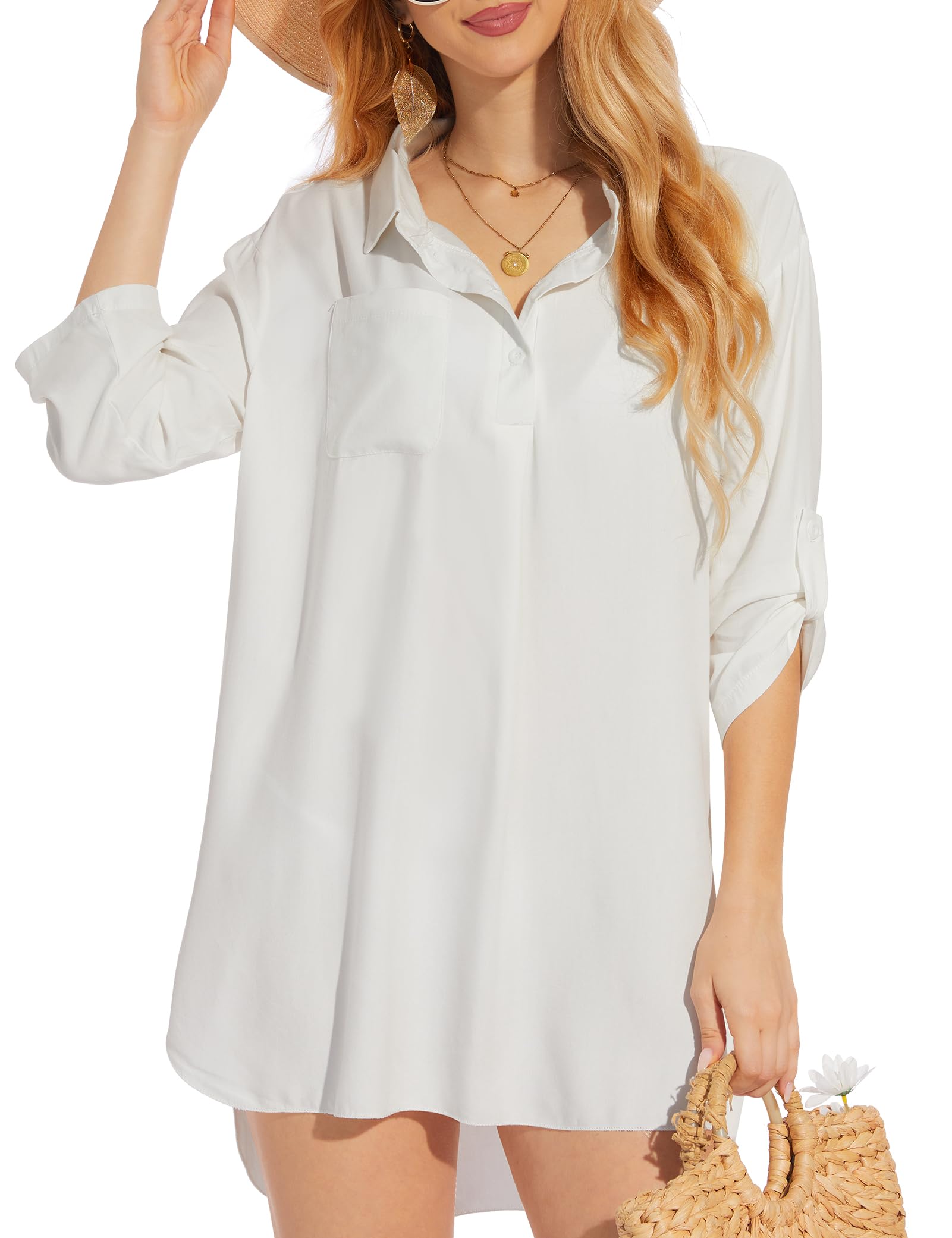 Kiiwah Vestido de Playa Mujer Camisolas de Playa Algodón Bikini Cover up Traje de Playa Cuello en V Ropa de Playa Pareos de Casual Color Sólido Blusa con Botón para Verano
