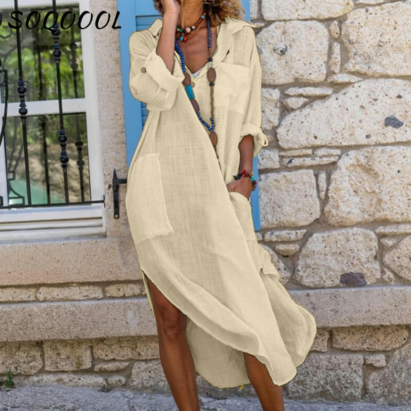 Vestido Camisero Informal Holgado de Lino y algodón para Mujer, Ropa de Calle a la Moda, Vestido Largo con Botones Abiertos, Vestidos Blancos y Negros para Vacaciones en la Playa