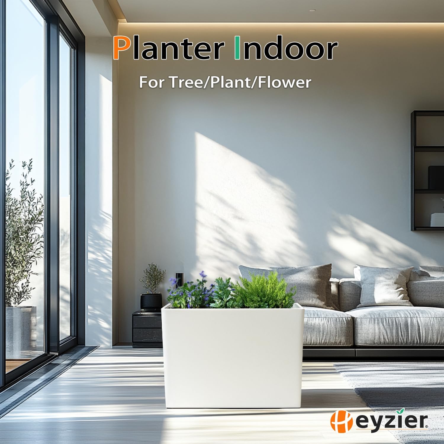 Heyzier Rectangular Planter Box for Outdoor Plants, Large Tall Resin Flower Pots for Garden, Front Porch, Patio, Indoor (White, 25 x 21 inch)