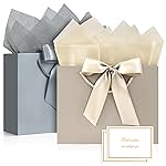 JMANNI Gift Bags, Medium Gift Bags for Presents with Bow Ribbon, Party Bags with Handles 4 Tissue Papers and 2 Cards for Weddings, Birthday, Party, Celebration, Christmas(Brown-Silver 2Pcs)