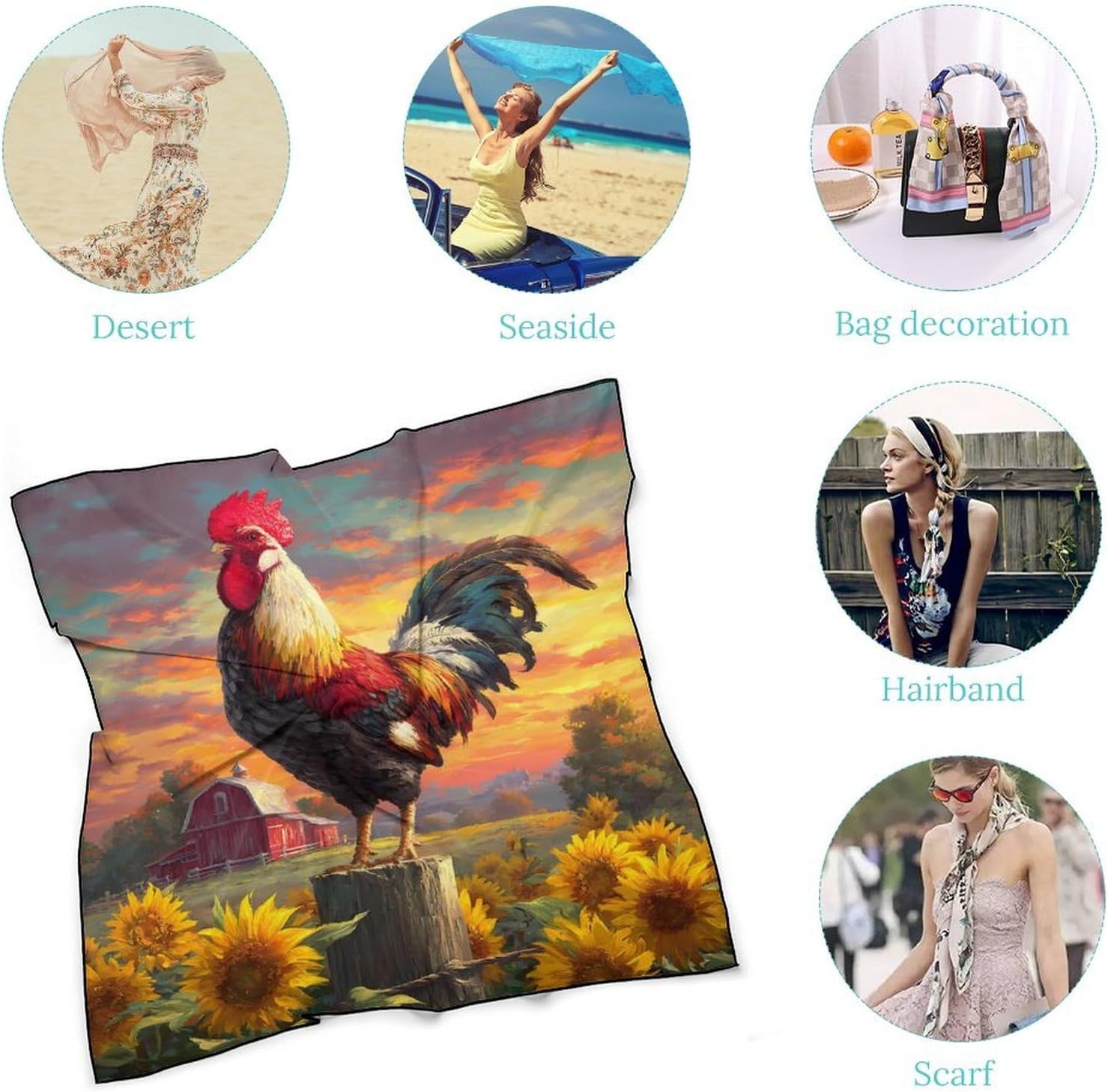 Crowing Rooster Silk-Like Square Scarf for Women Vintage Printed Neck Scarf Bandanas Hair Scarves