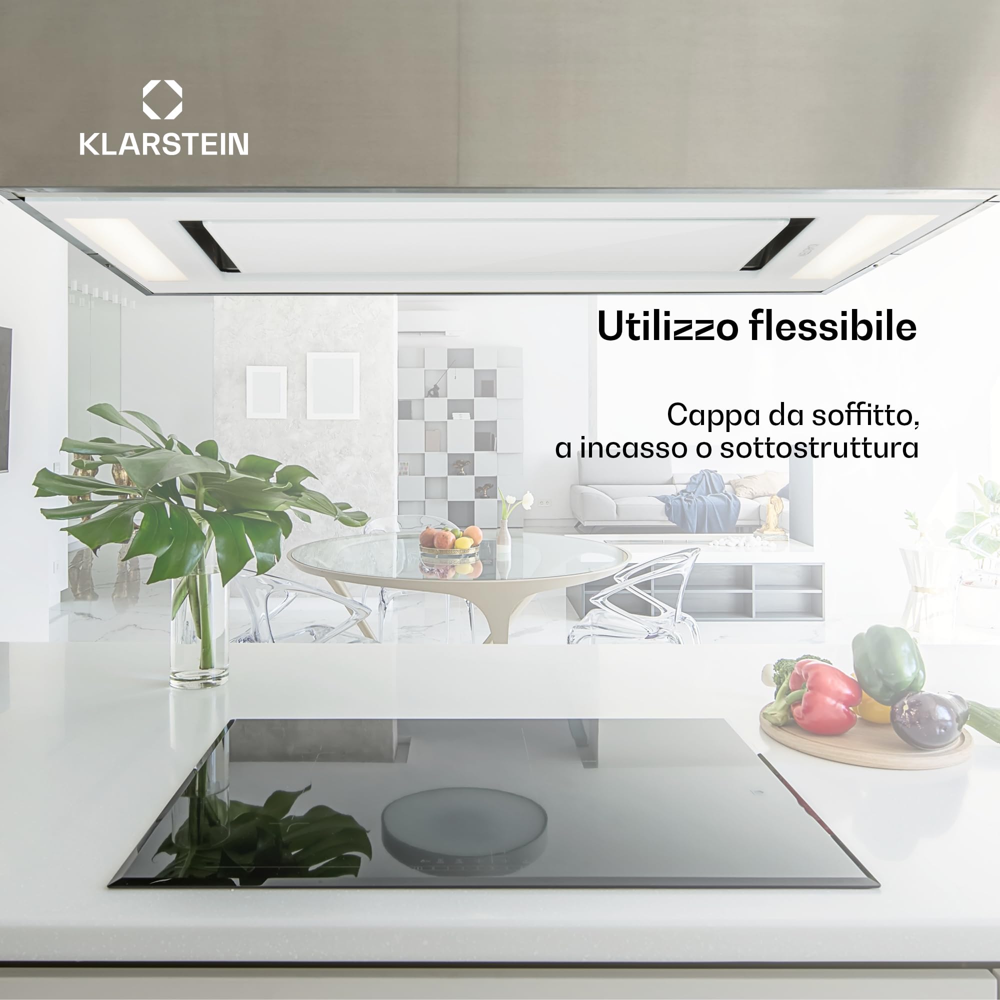 Klarstein Remy - Cappa Cucina, Cappa Aspirante ad Incasso, Controllo Touch, Cappa ad Isola, Illuminazione Piano Cottura, LED, Fino a 620 m³ / h, Telecomando, 90 cm, Bianco