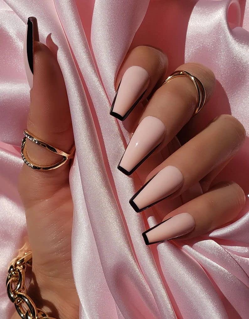 NUDE PINK BLACK V FRENCH LUXE DESIGN Full Cover Press On Nails Acrylic Nail Kit Artificial Nail Tips Shi... 1 NUDE PINK BLACK V FRENCH LUXE DESIGN Full Cover Press On Nails Acrylic Nail Kit Artificial Nail Tips Shi...
