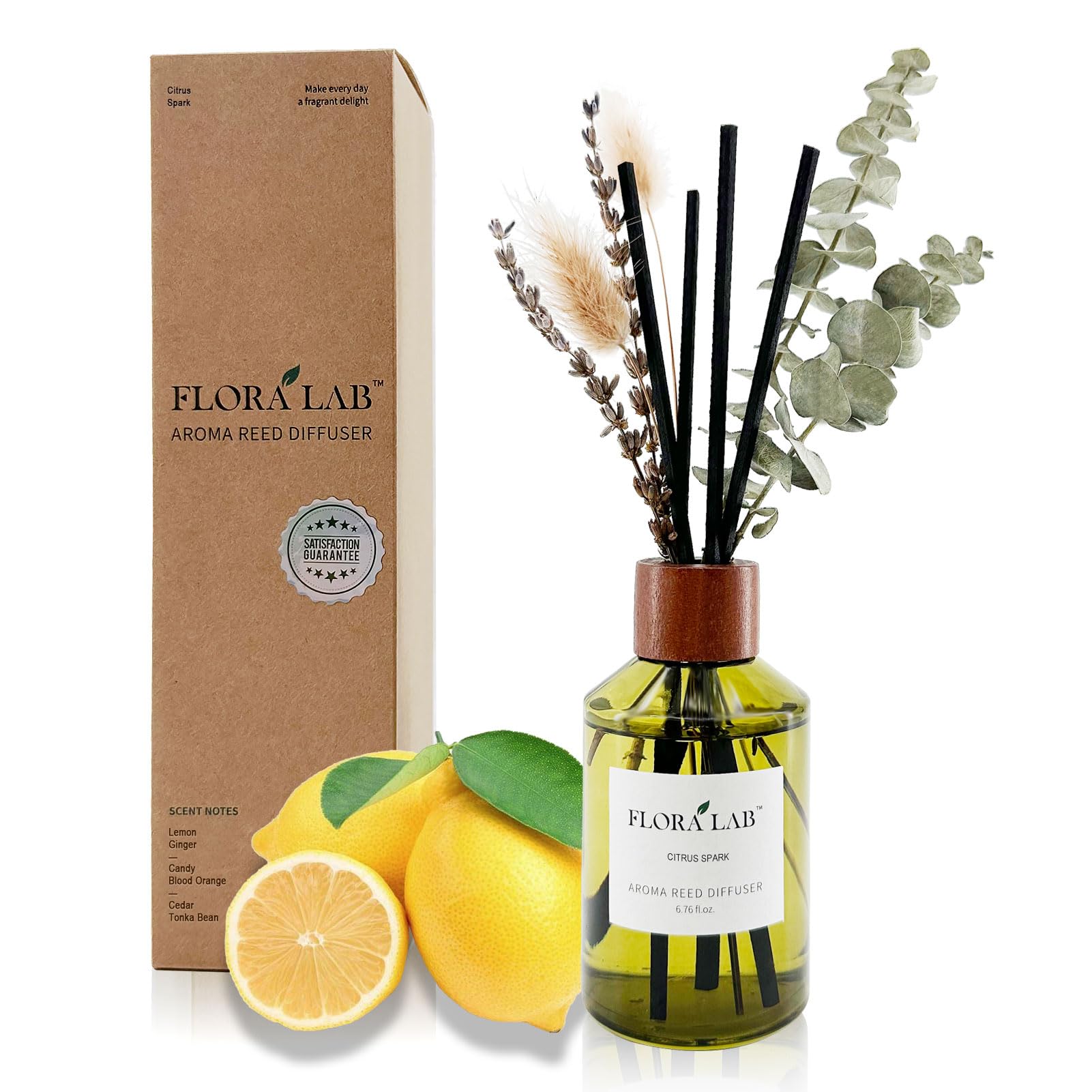 Flora LabScented Diffuser Set with Sticks and Real Dried Flowers, 6.7oz (200ml) Lemon & Orange, Long-Lasting Fragrance, Natural Design, Perfect for Home & Bathroom, Shelf Decor, Ideal Gift