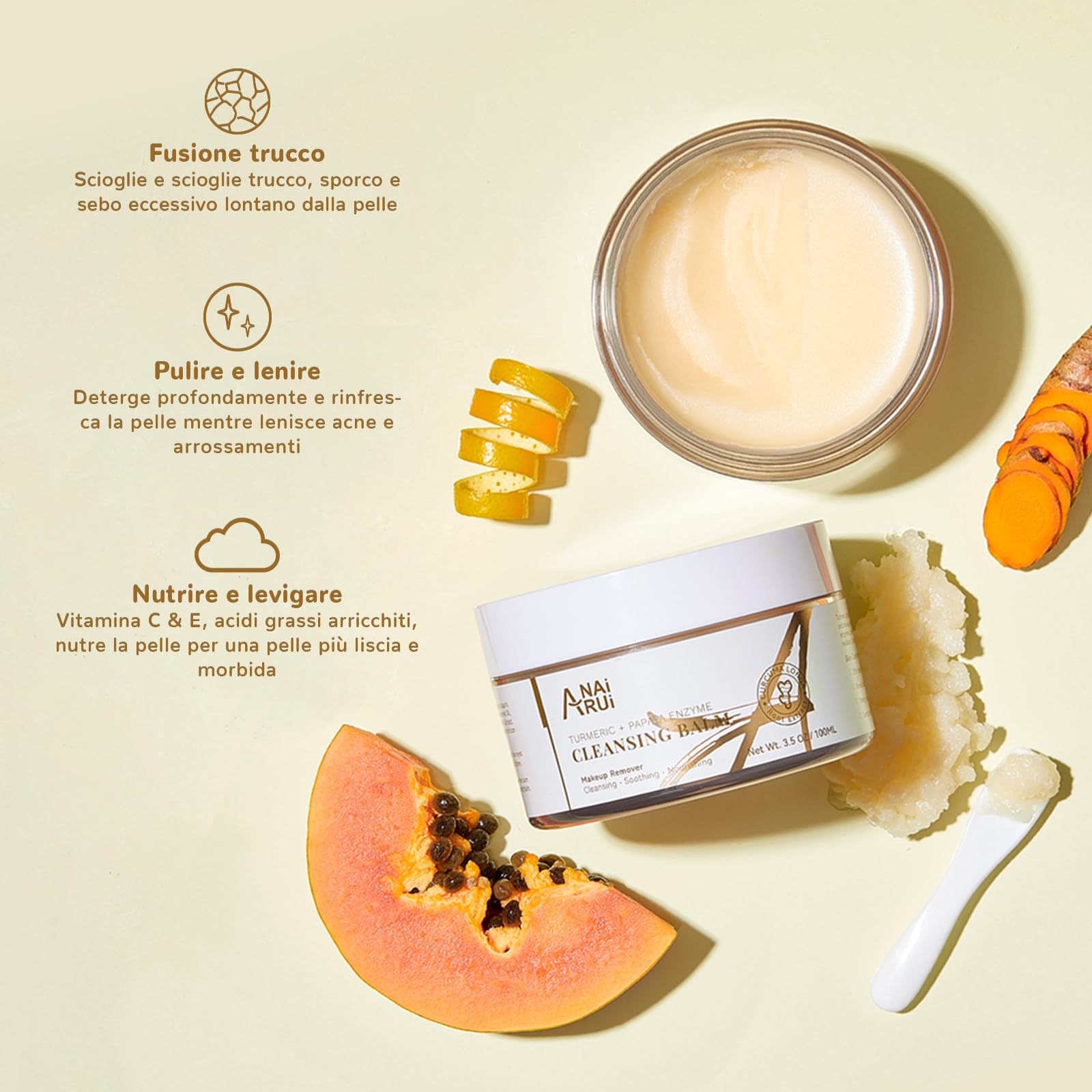 ANAiRUi Balsamo detergente con papaya di curcuma, struccante per la pulizia del viso, peeling, riduzione delle macchie scure, acne, pelle liscia, detergente per la pelle, 3,5 OZ