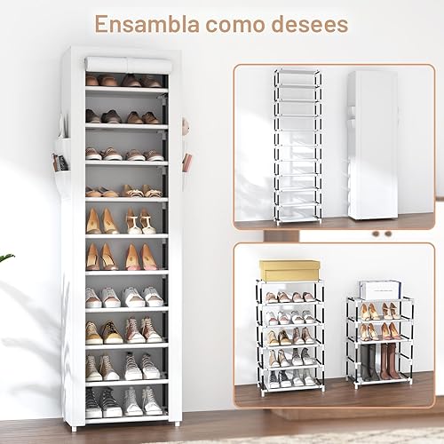 Miniatura 5 de VTRIN - Zapatero alto, organizador estrecho y vertical para armario o recibidor, 10 niveles, cubierta no tejida, contiene 20-22 pares de zapatos,