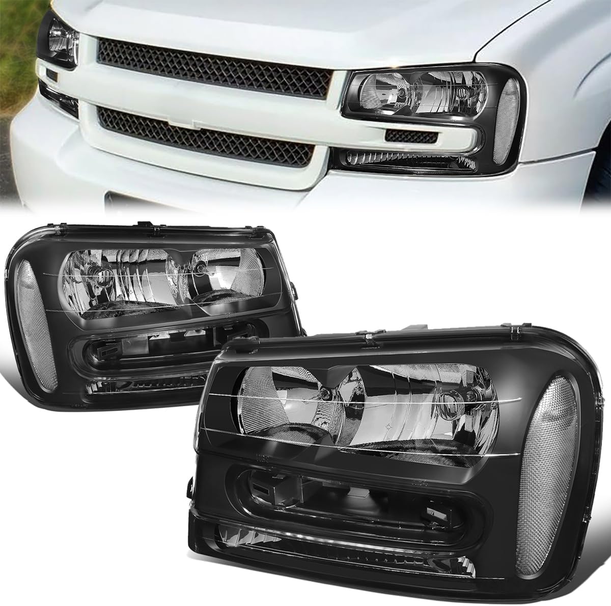 Headlight Assembly Compatible with Chevy Trailblazer EXT 2002-2009 Left Right Headlamp Set Factory Style Black Housing Clear Corner 25970915 25970914 2502213 2503213