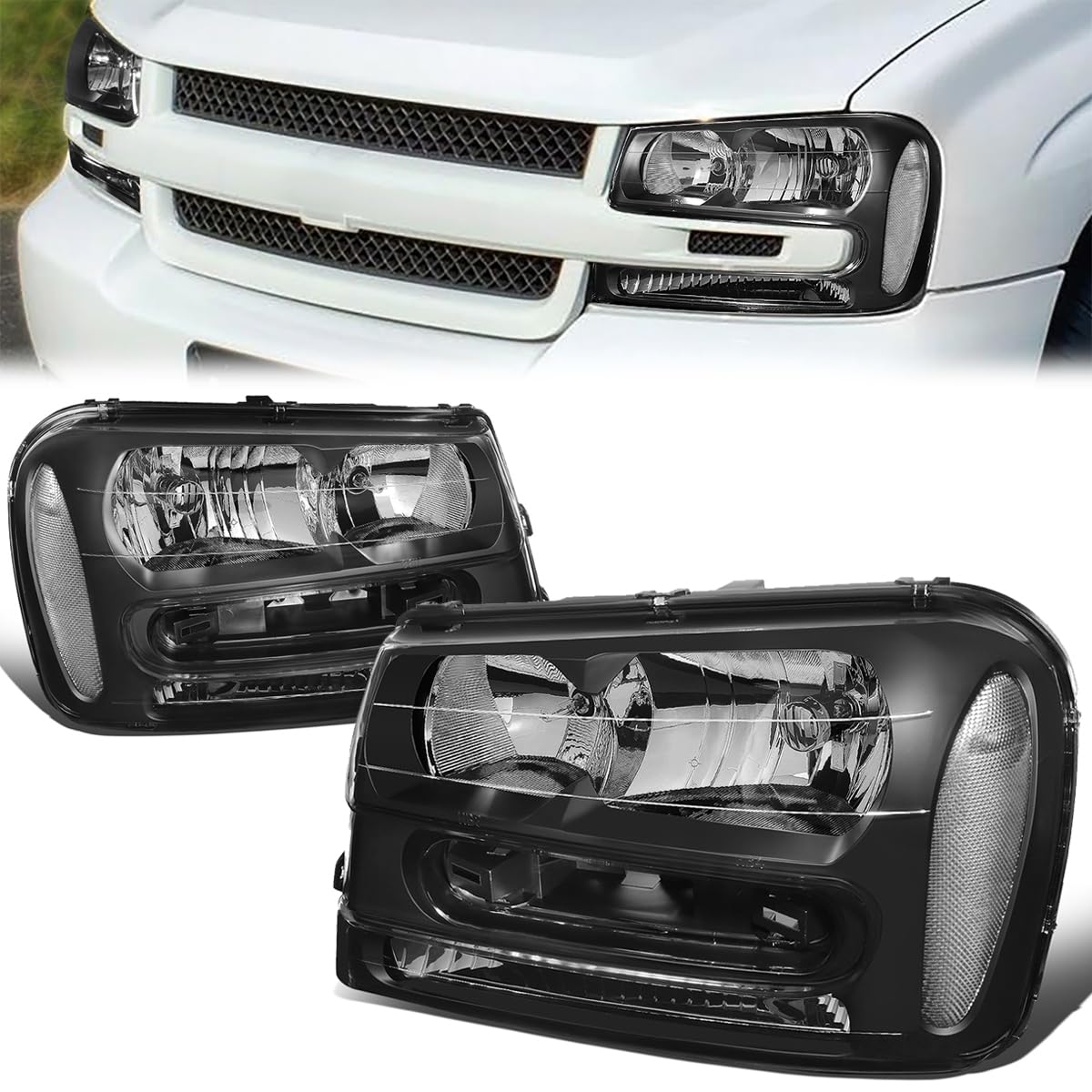 Headlight Assembly Compatible with Chevy Trailblazer EXT 2002-2009 Left Right Headlamp Set Factory Style Black Housing Clear Corner 25970915 25970914 2502213 2503213