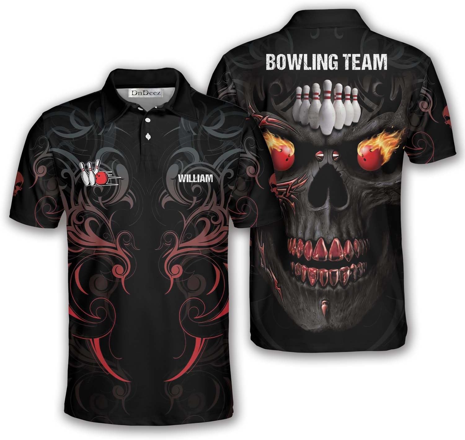 Custom Bowling Shirts for Men, 3D Print Bowling Shirts Unisex Polo Flaming Skull, Sizes S - 5XL