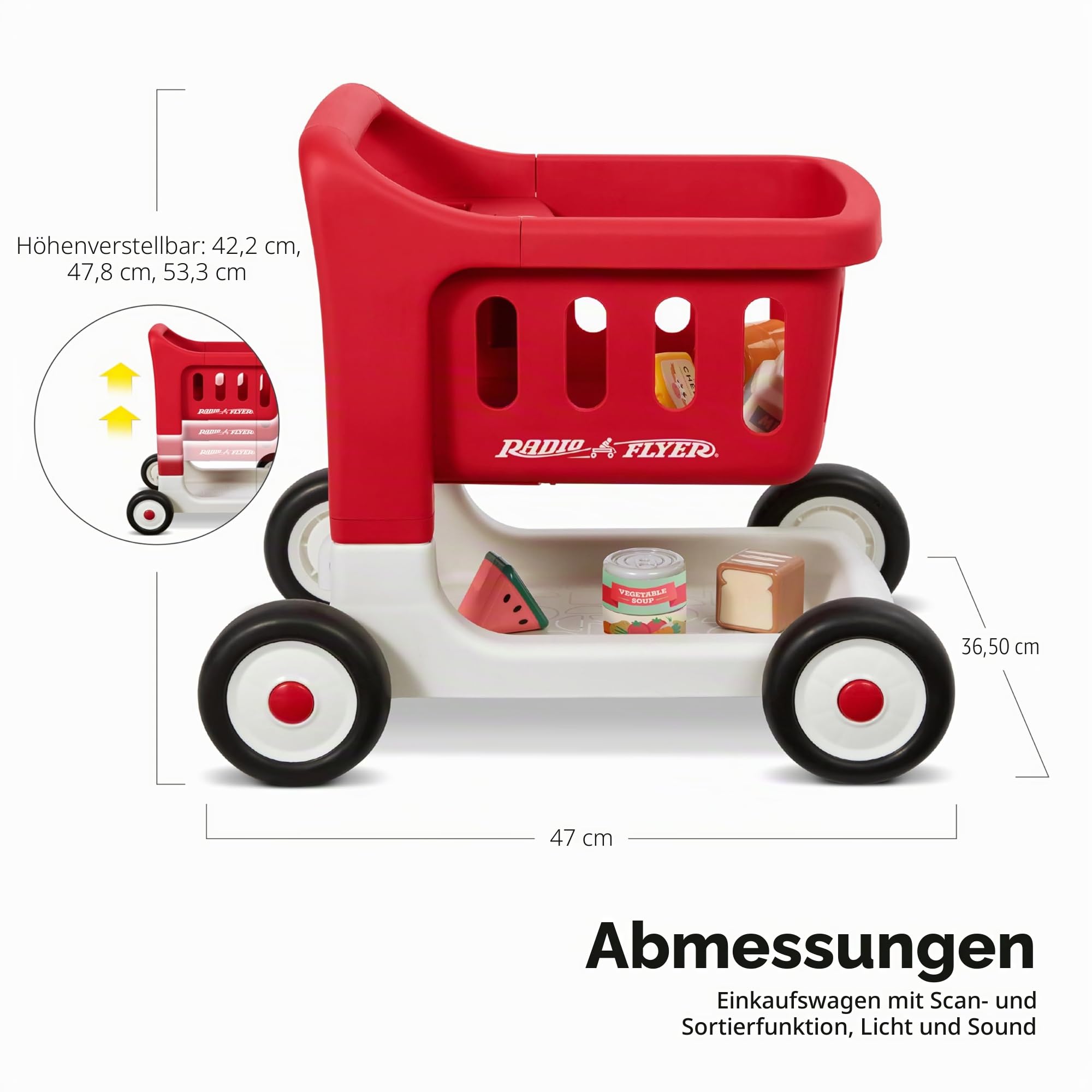 Radio Flyer Scan & Sort Einkaufswagen mit Lichtern und Geräuschen, Rutschspielzeug, Roter Spielzeug-Walker für Kleinkinder, für Kinder ab 1 Jahr