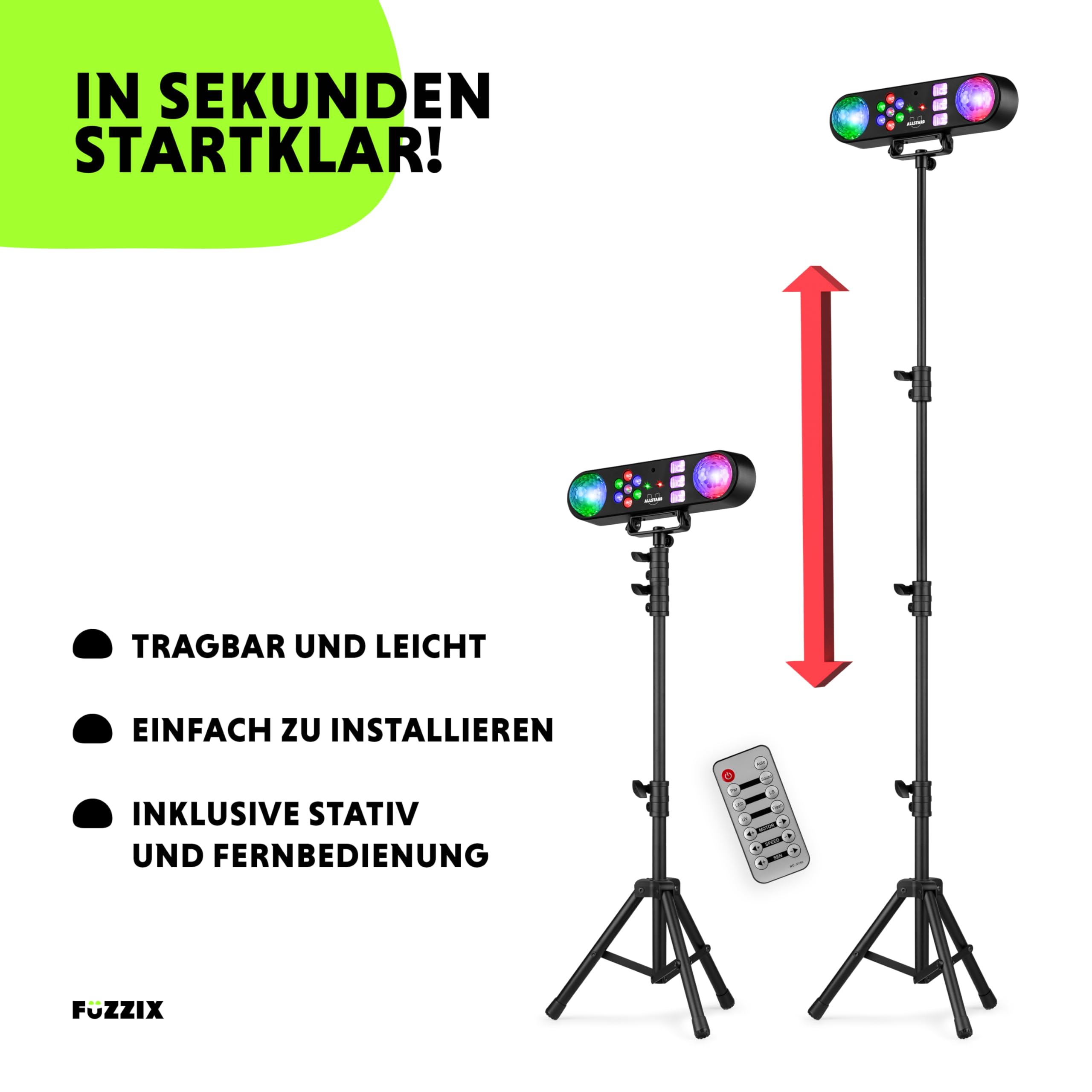 Fuzzix AllStar3 LED Disco Licht, Discolicht mit 2x Disko Kugel, UV Stroboskop, Washer, rot/grünes Patern, musikgesteuerte Partybeleuchtung für DJs mit Stativ & Fernbedienung