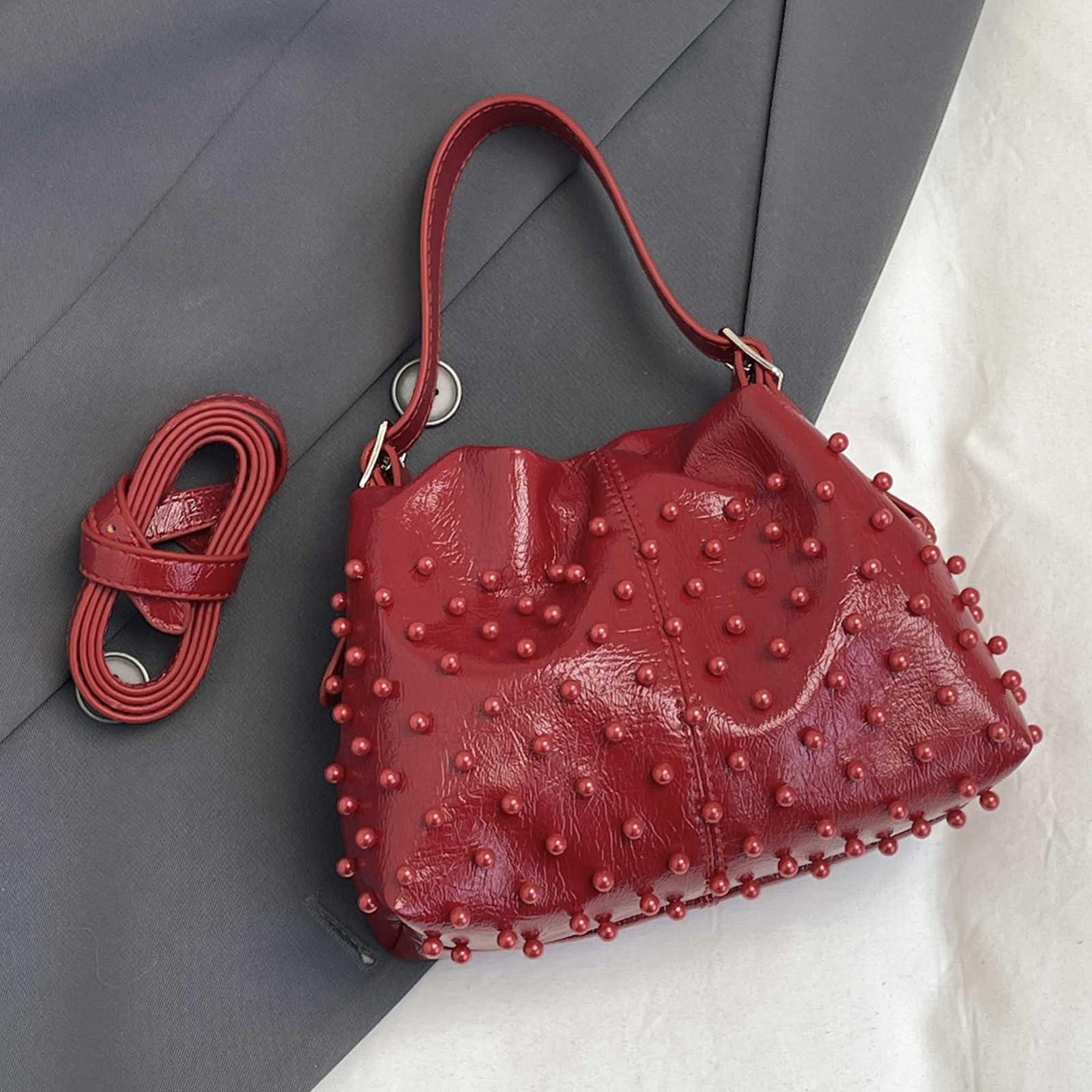 Bolso de piel sintética con cordón, bolso de mano con correa para el hombro,