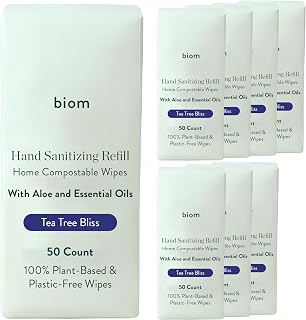 Biom Biodegradable Hand Sanitizing Wipes 8-Pack Refill Kit - Kid-Safe Wipes | Plant-Based Hand Sanitizer for Home & Travel | Natural, Non-Toxic Wet Wipe with Aloe for Soft Skin | Tea Tree Scent