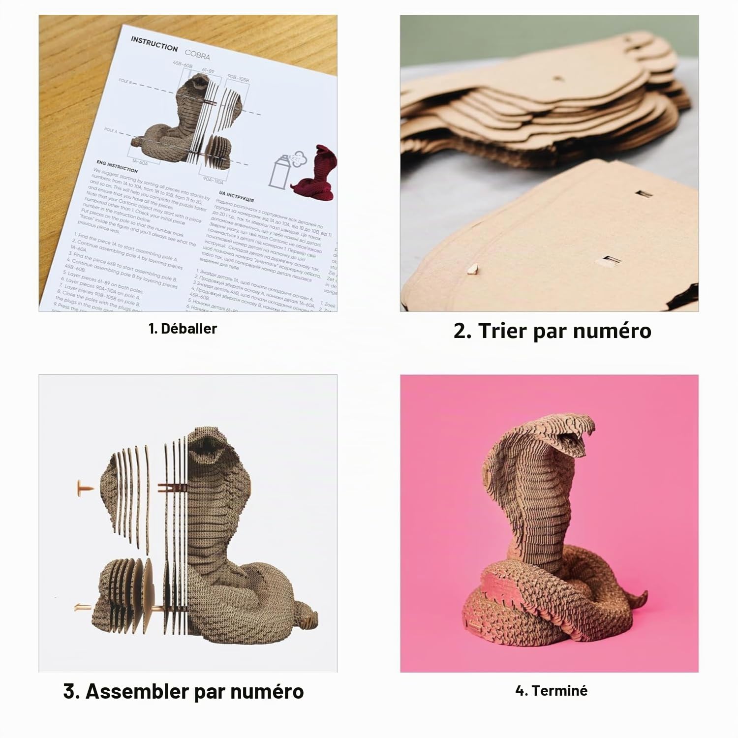 Serpent Cobra Puzzle 3D en Carton – Maquette à Monter | 141 Pièces, 19 × 16 × 17 cm – Kit Sculpture DIY à Peindre, Matériaux Recyclés, Ados & Adultes, Idée Cadeau Déco