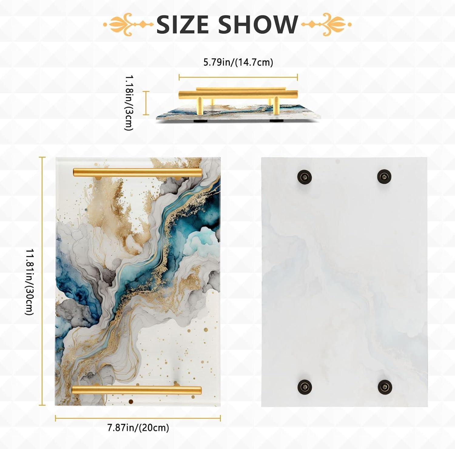 Vanity Tray Blue Gold Marble Print, Acrylic Decorative Serving Tray Coffee Table Tray for Bathroom Living Room Bedroom 7.87×11.81 inch